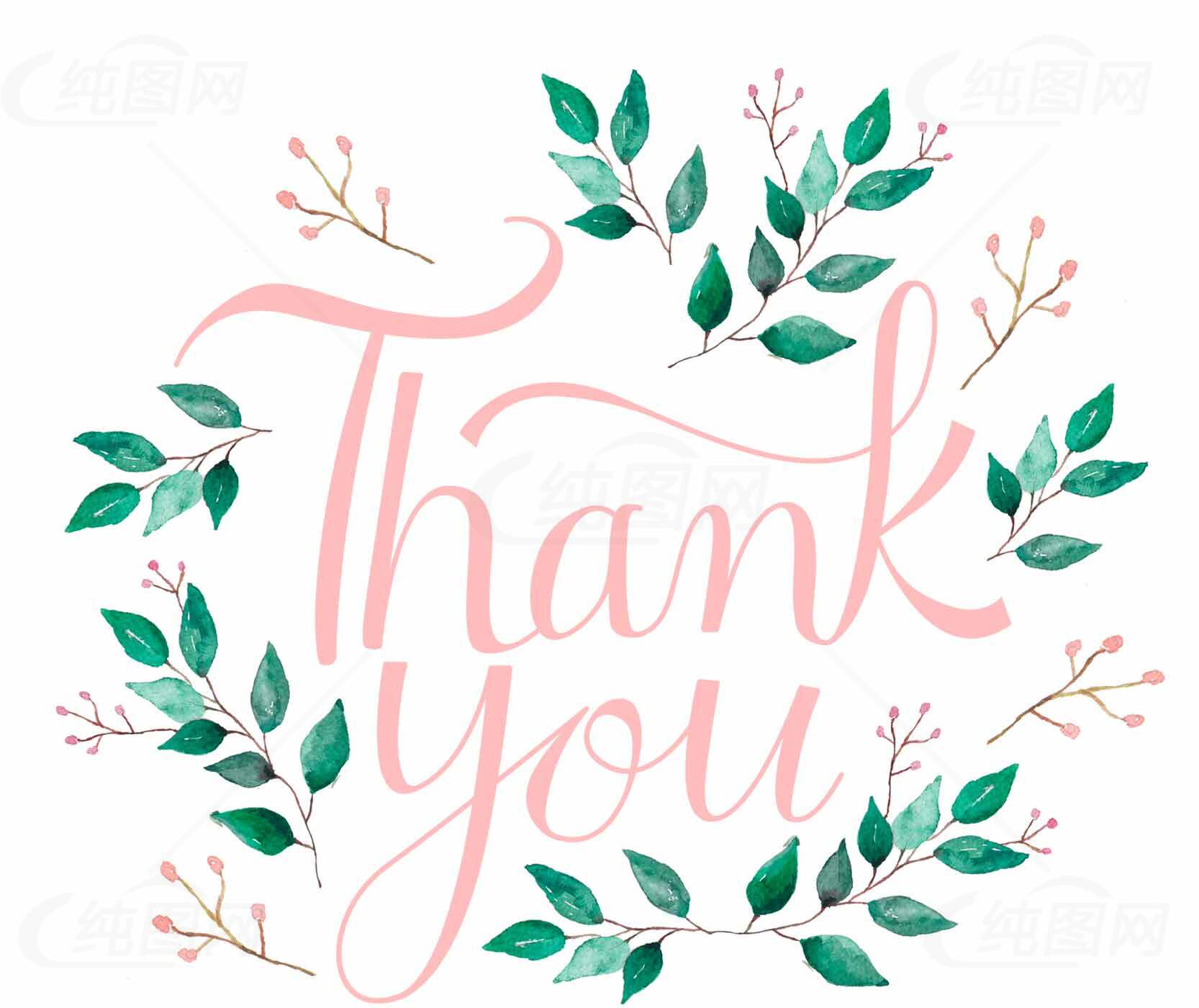 Thank You卡片设计：粉色手写字体与绿色植物装饰素材