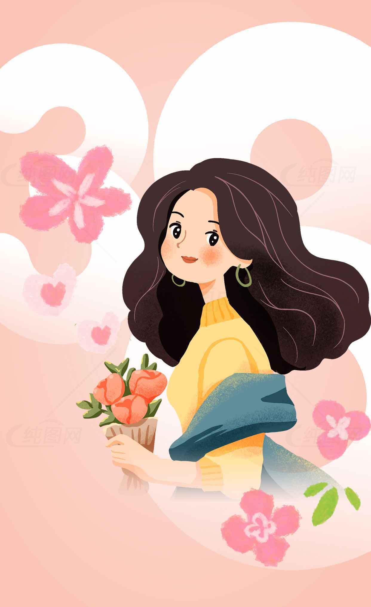 浪漫插画风格女性手捧花束背景图片素材