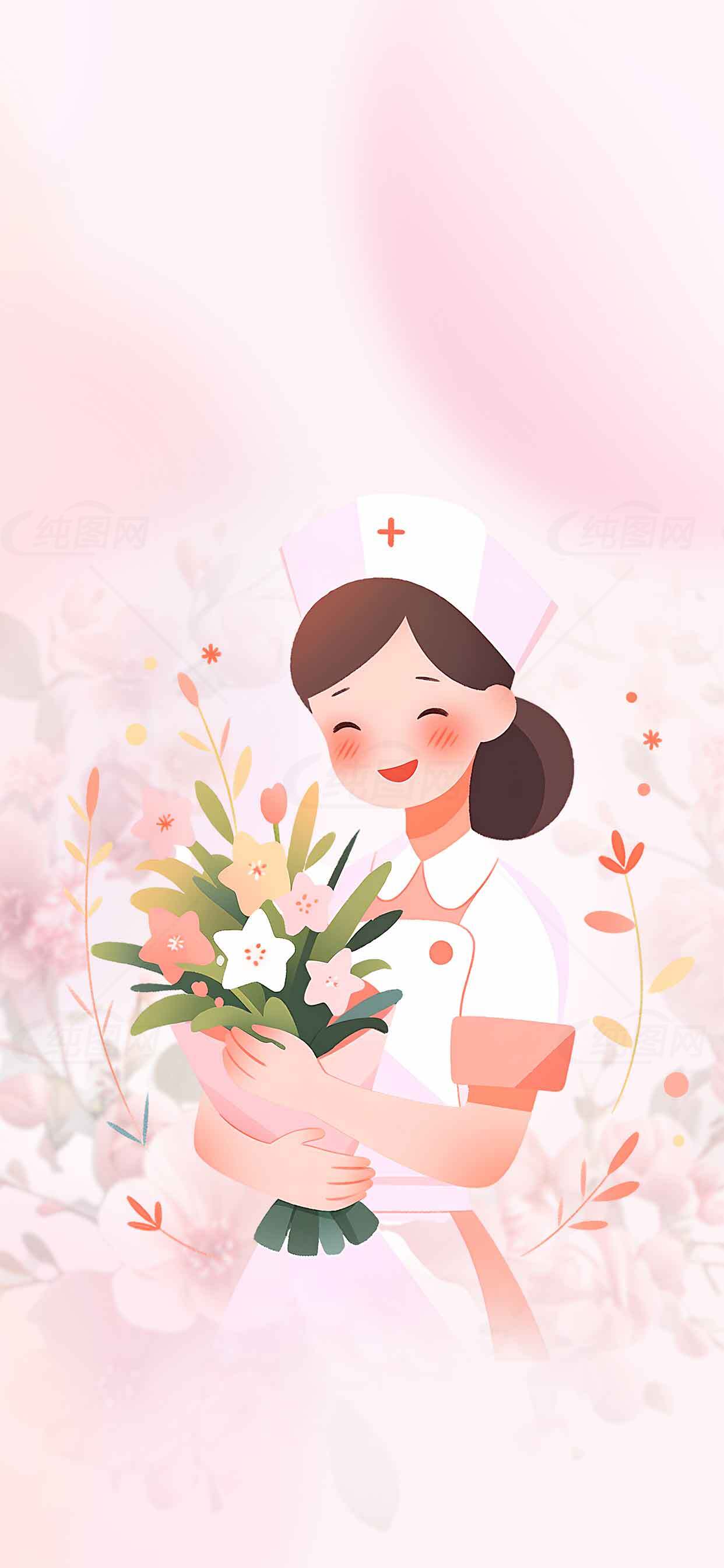护士节插画：温馨卡通护士与花束设计素材