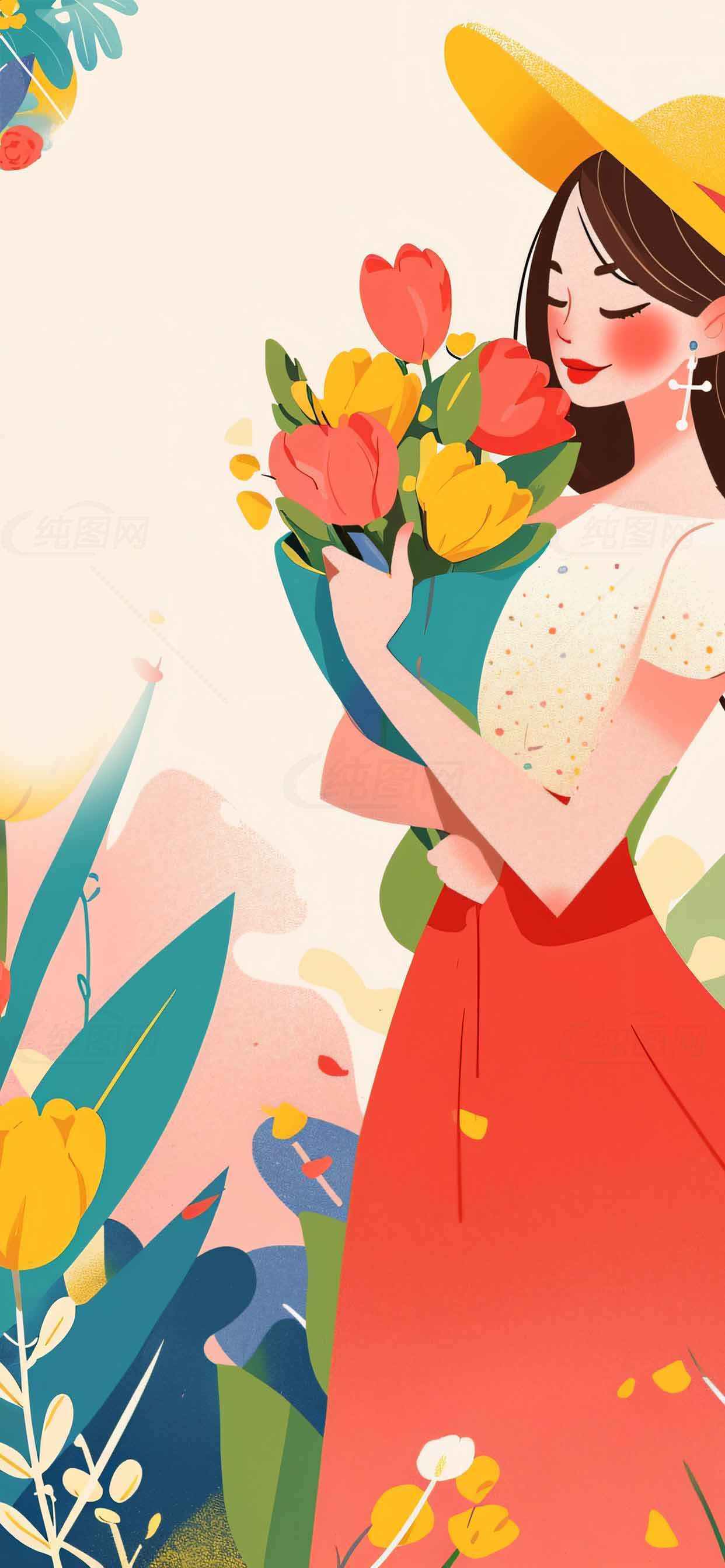 春日花卉插画：女孩与郁金香的浪漫时光素材