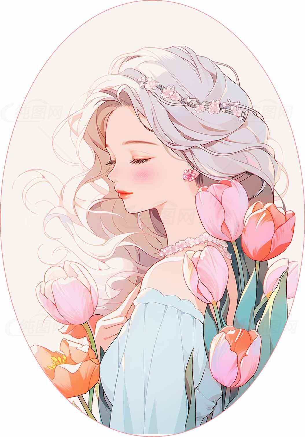 唯美插画少女与郁金香花海素材