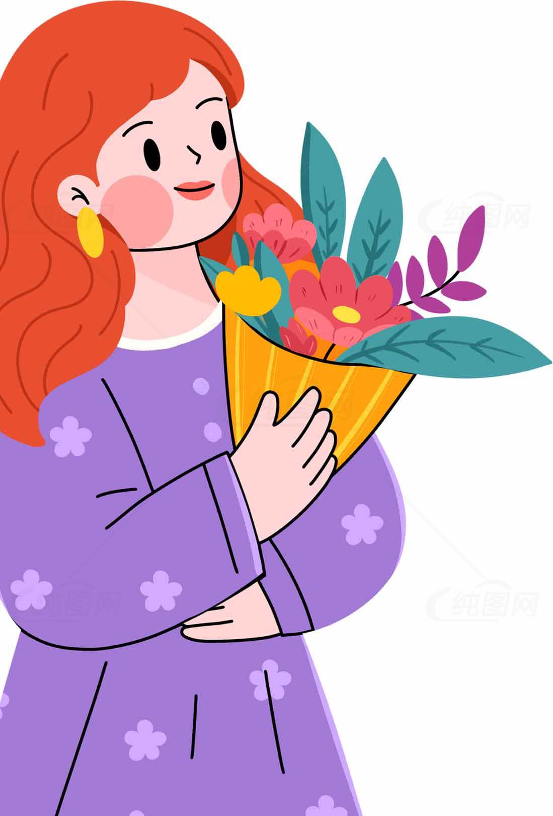 卡通女孩手捧花束插画图片素材