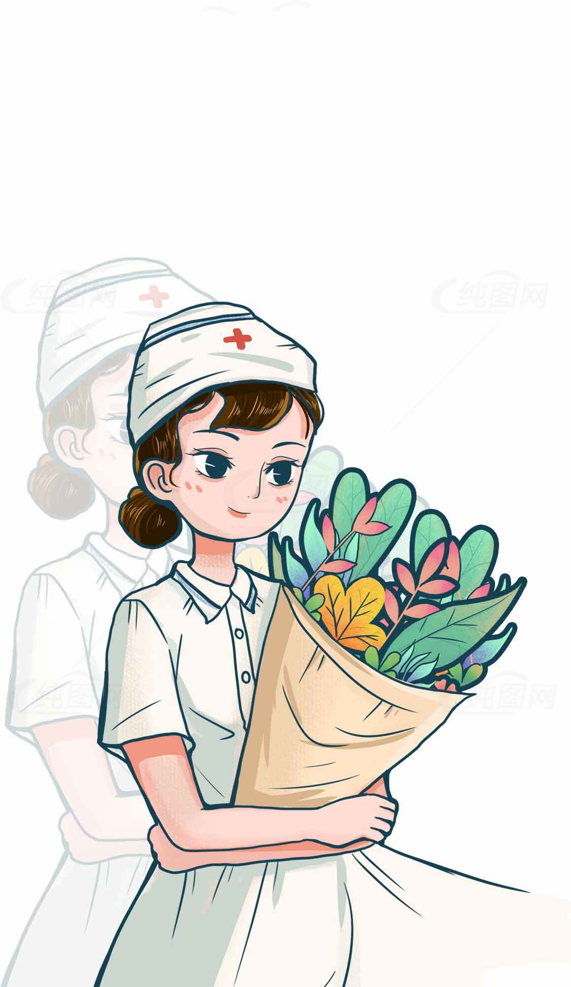 护士节插画：手捧鲜花的护士形象素材