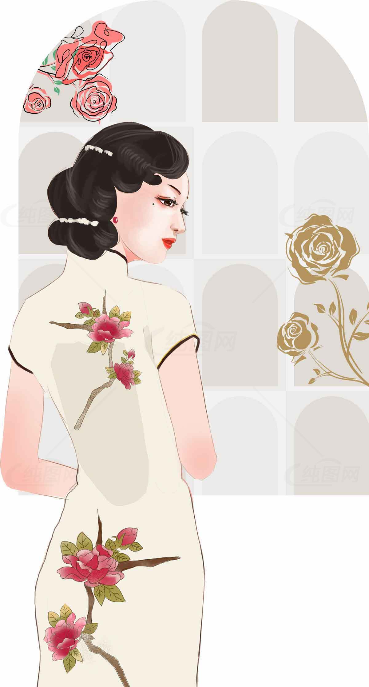优雅旗袍女子背影插画素材