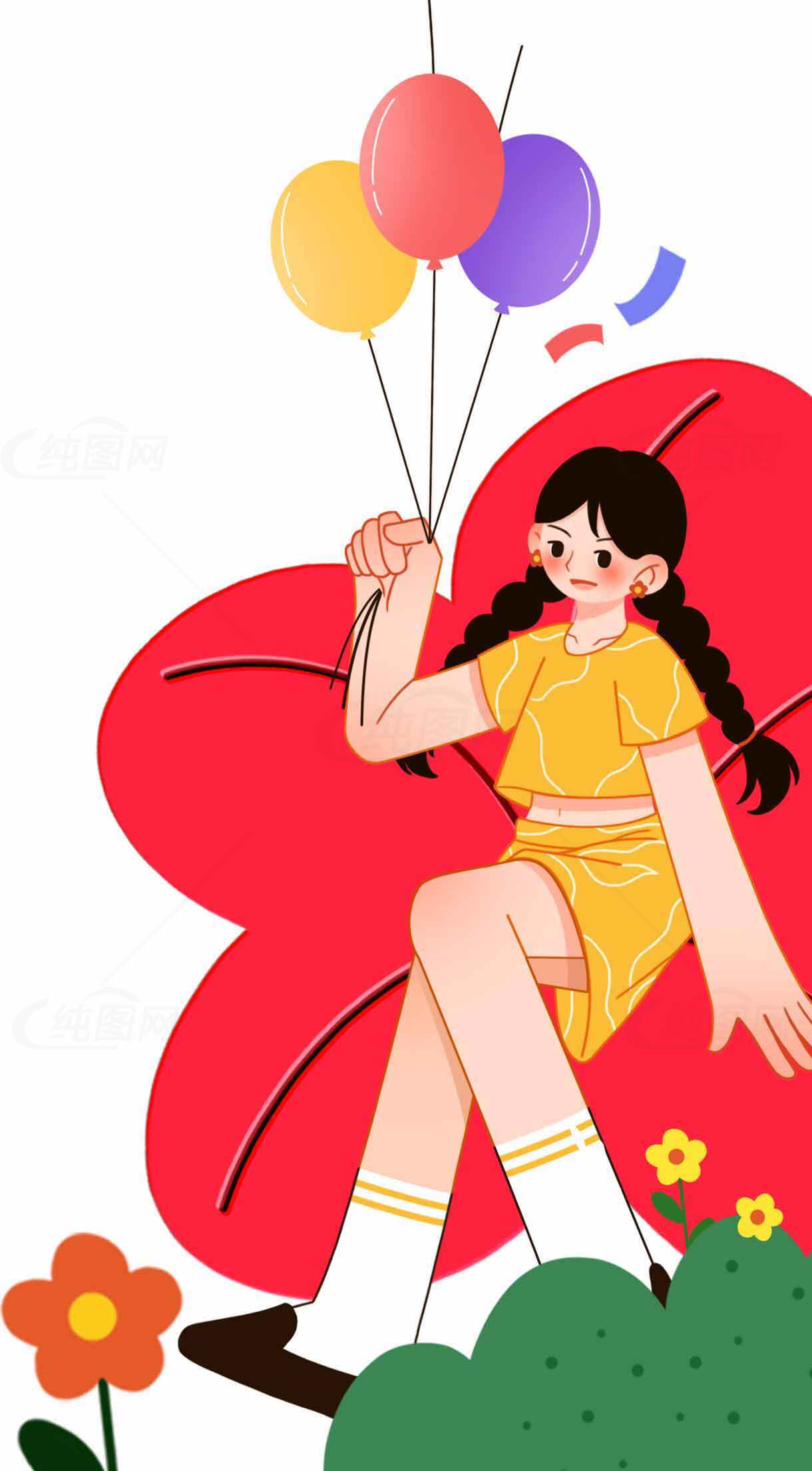 女孩与气球的卡通插画设计素材