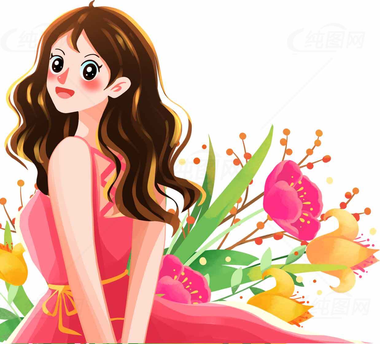 唯美插画少女与花卉背景设计素材