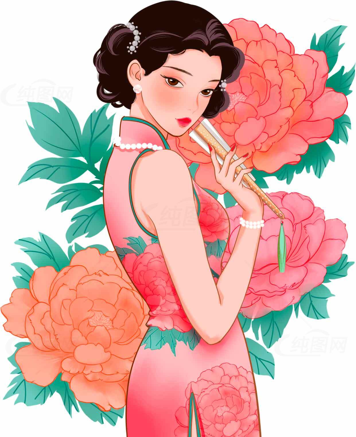 复古旗袍女子与牡丹插画素材