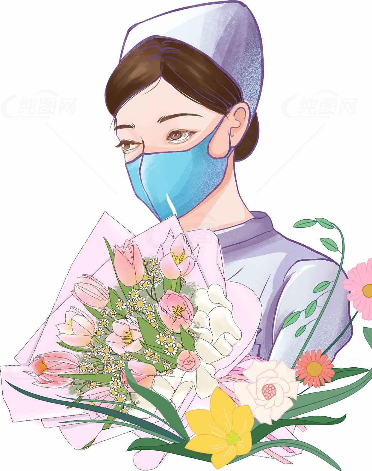 护士插画与鲜花主题图片素材