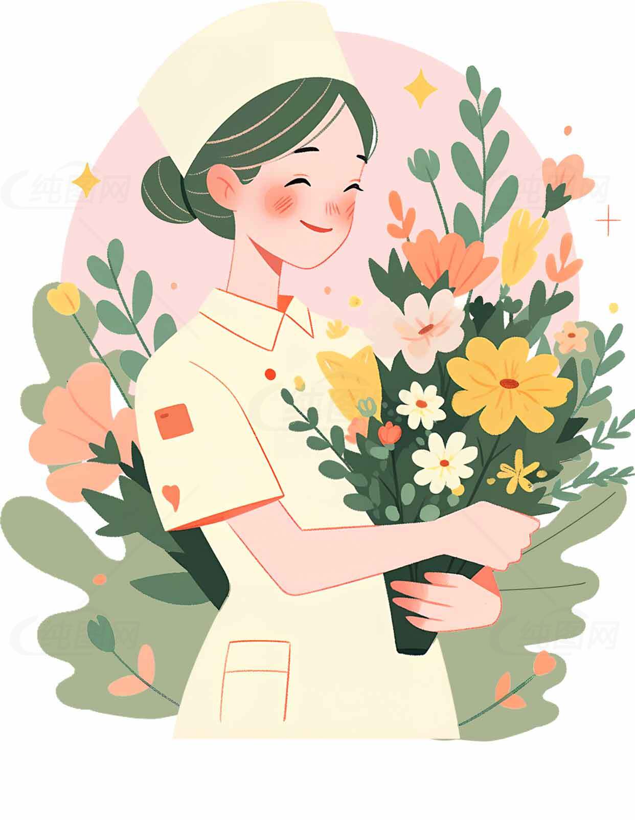 护士与花束插画：温馨治愈风格设计素材