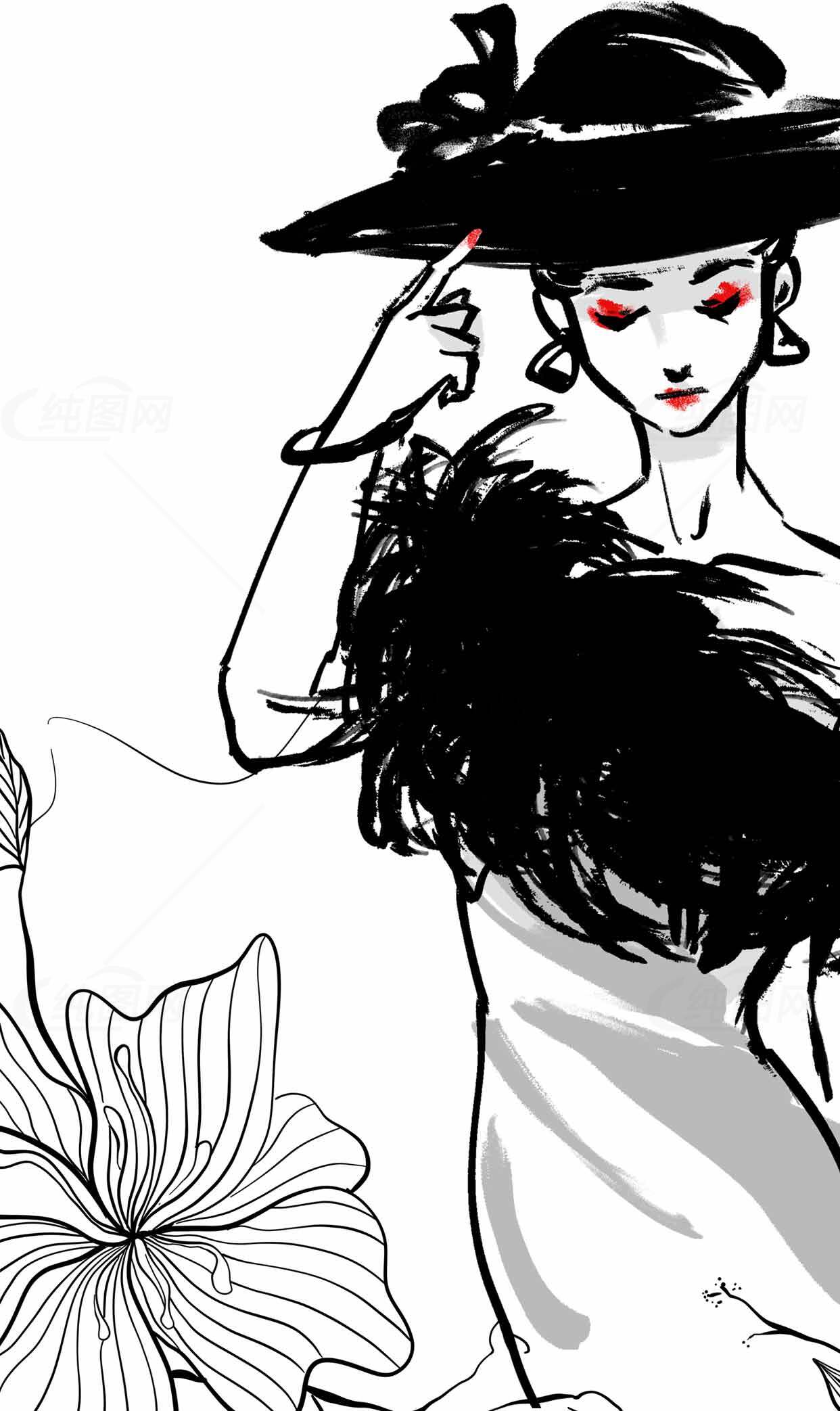 时尚插画：优雅女性与黑色礼帽素材