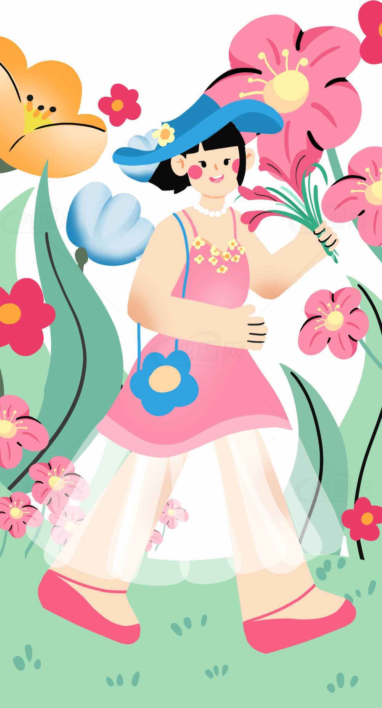 春日花园漫步插画 | 清新卡通风格设计素材