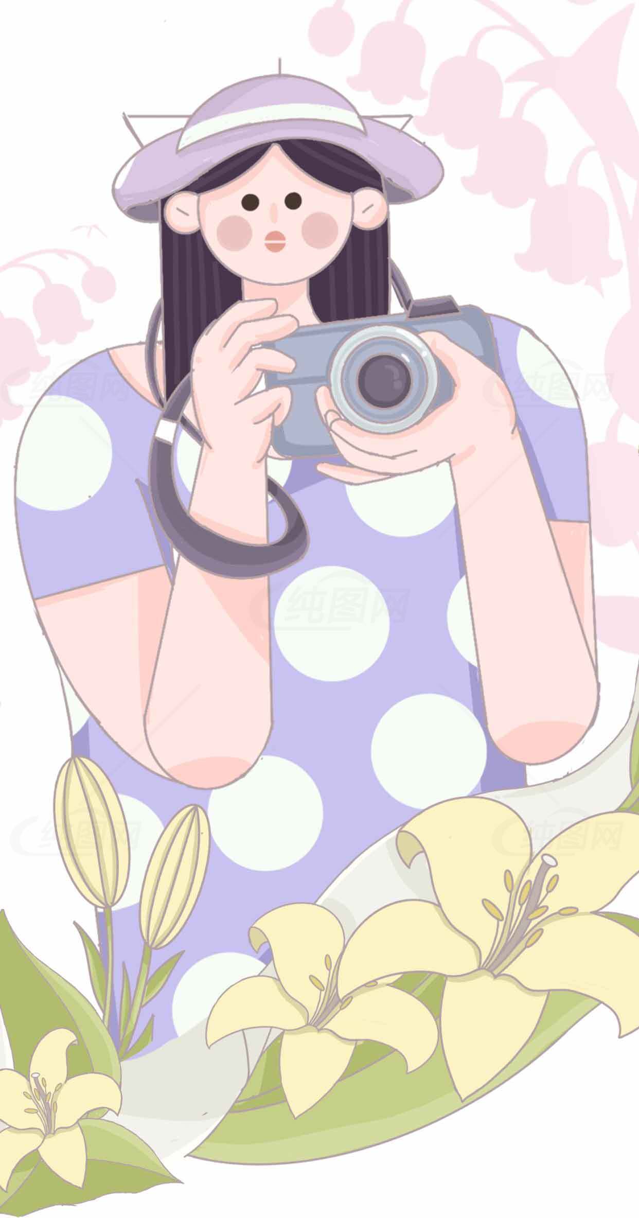 手持相机的插画少女与百合花背景素材