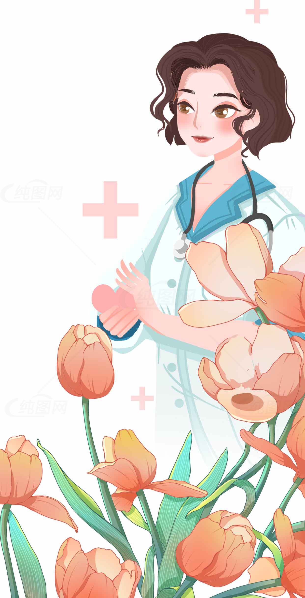 春日插画风格的医生与郁金香花卉背景素材