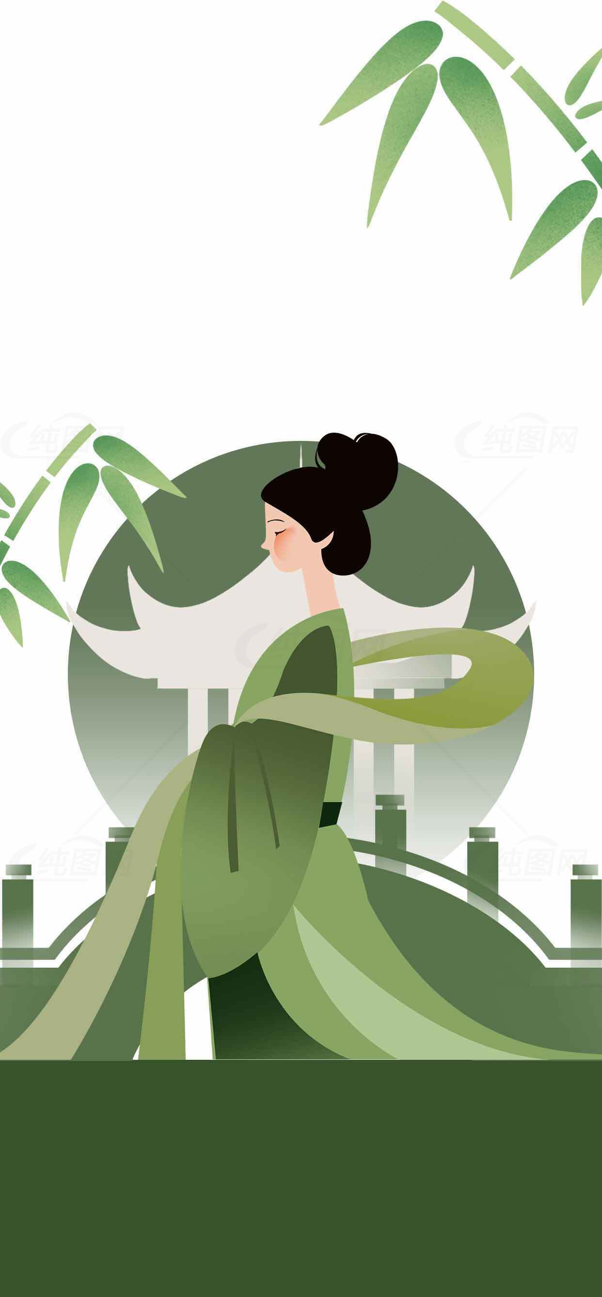 中国风绿色插画：古典女子与竹林背景素材
