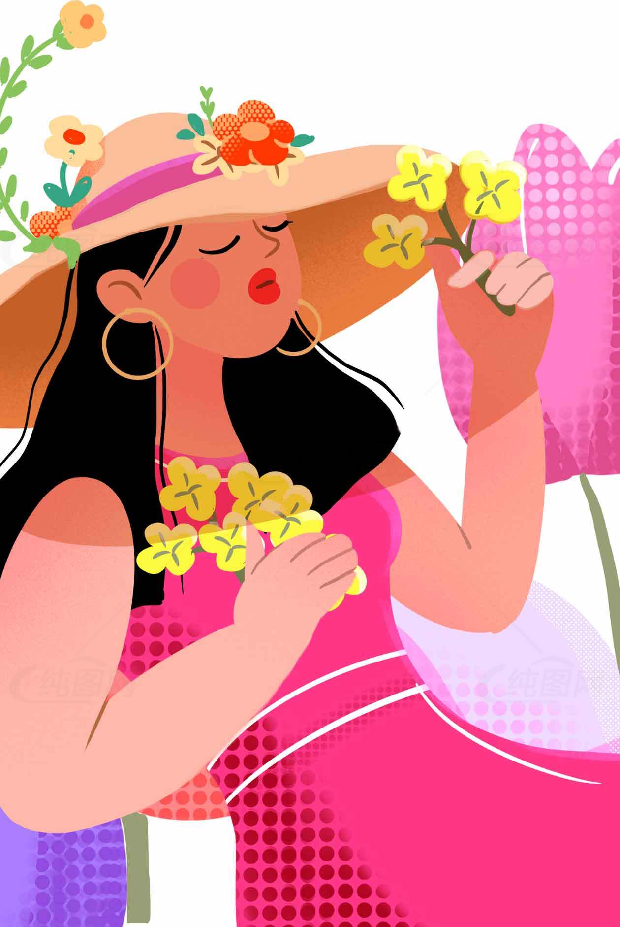 夏日花卉插画风格女性形象素材