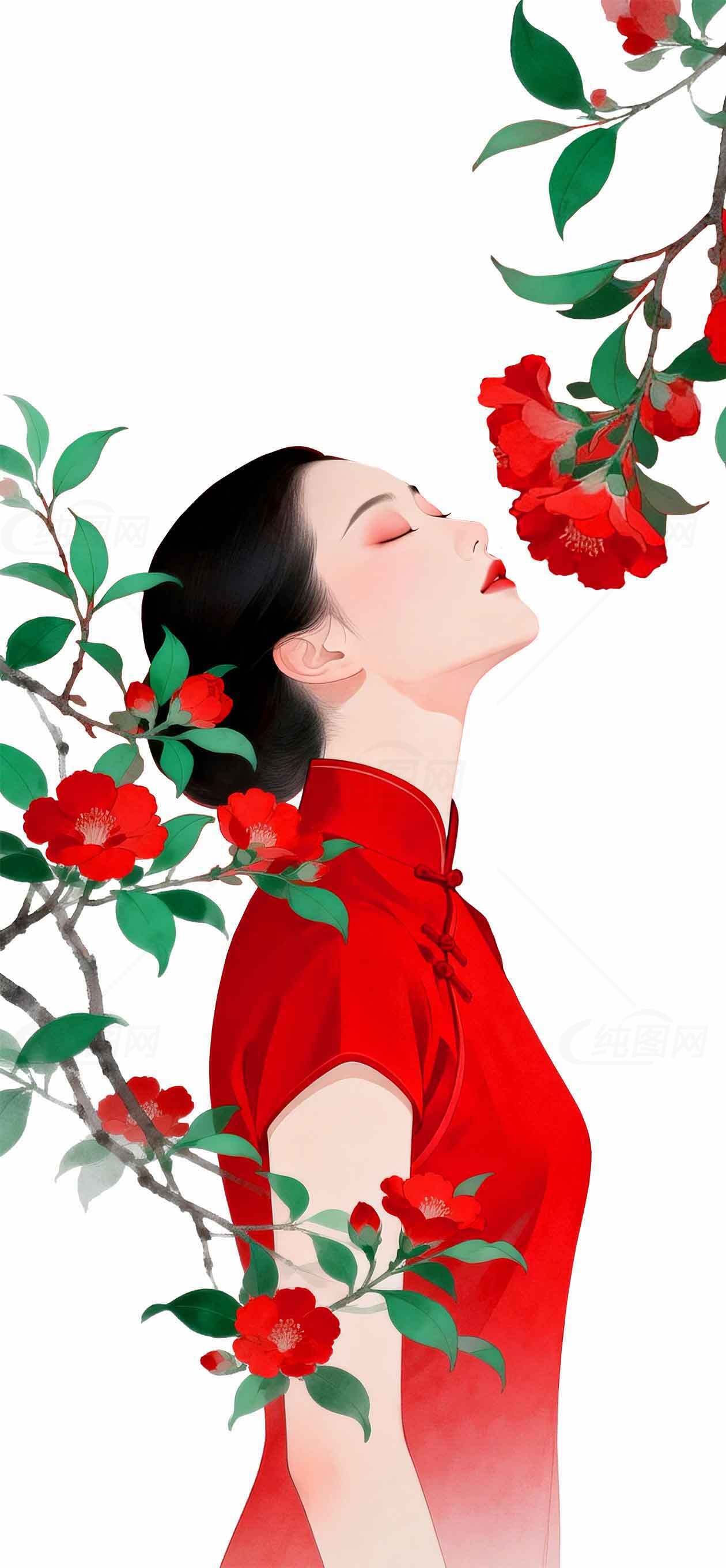 红色旗袍与山茶花的唯美插画素材