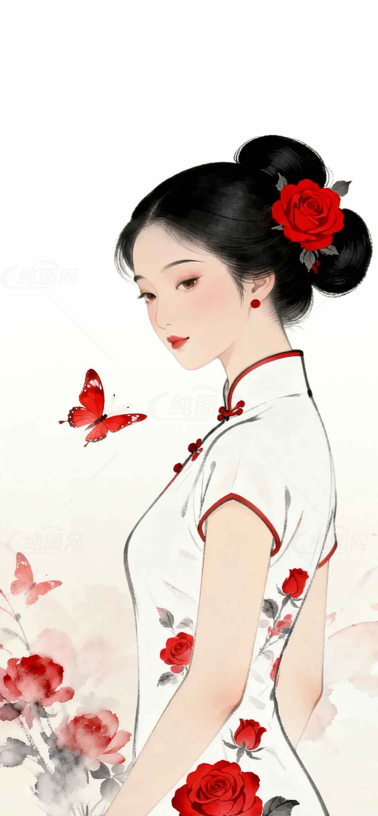 唯美中式插画：红玫瑰与旗袍之美素材