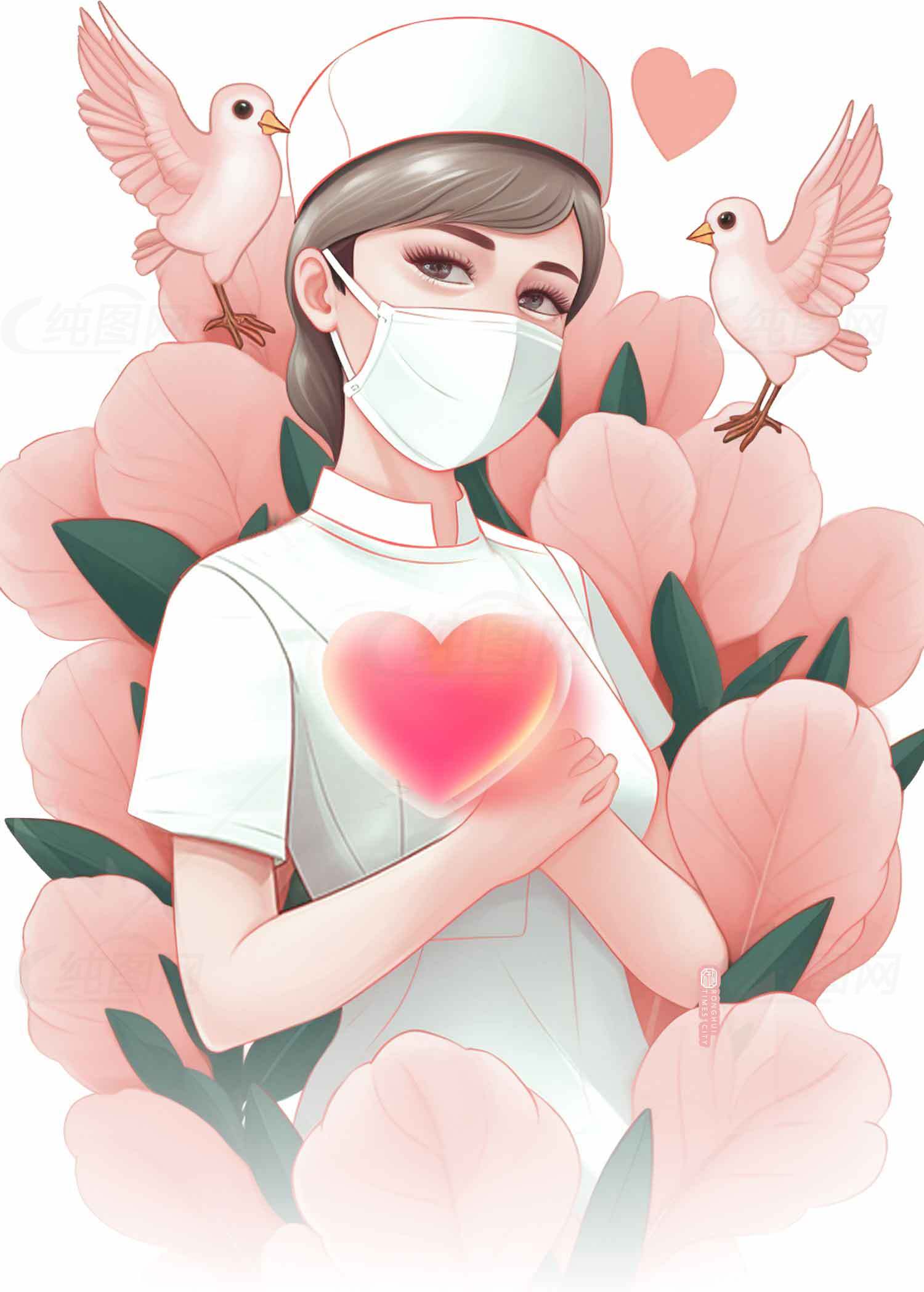 温馨护士插画：粉色花海与爱心主题素材