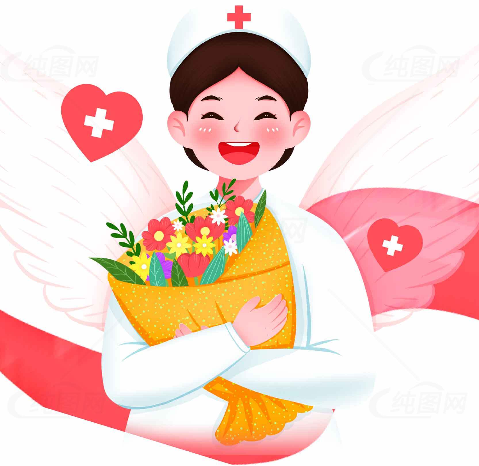 护士节感恩插画：天使护士手捧鲜花素材
