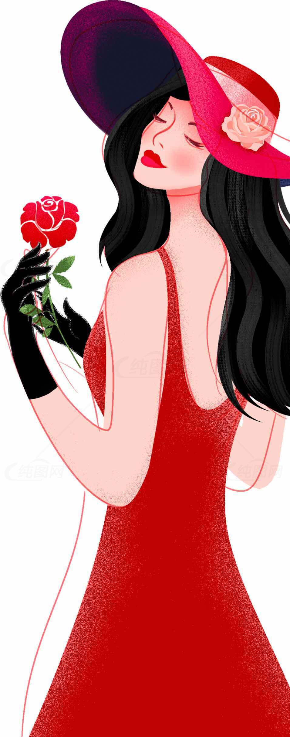 优雅红衣女子手持玫瑰插画素材