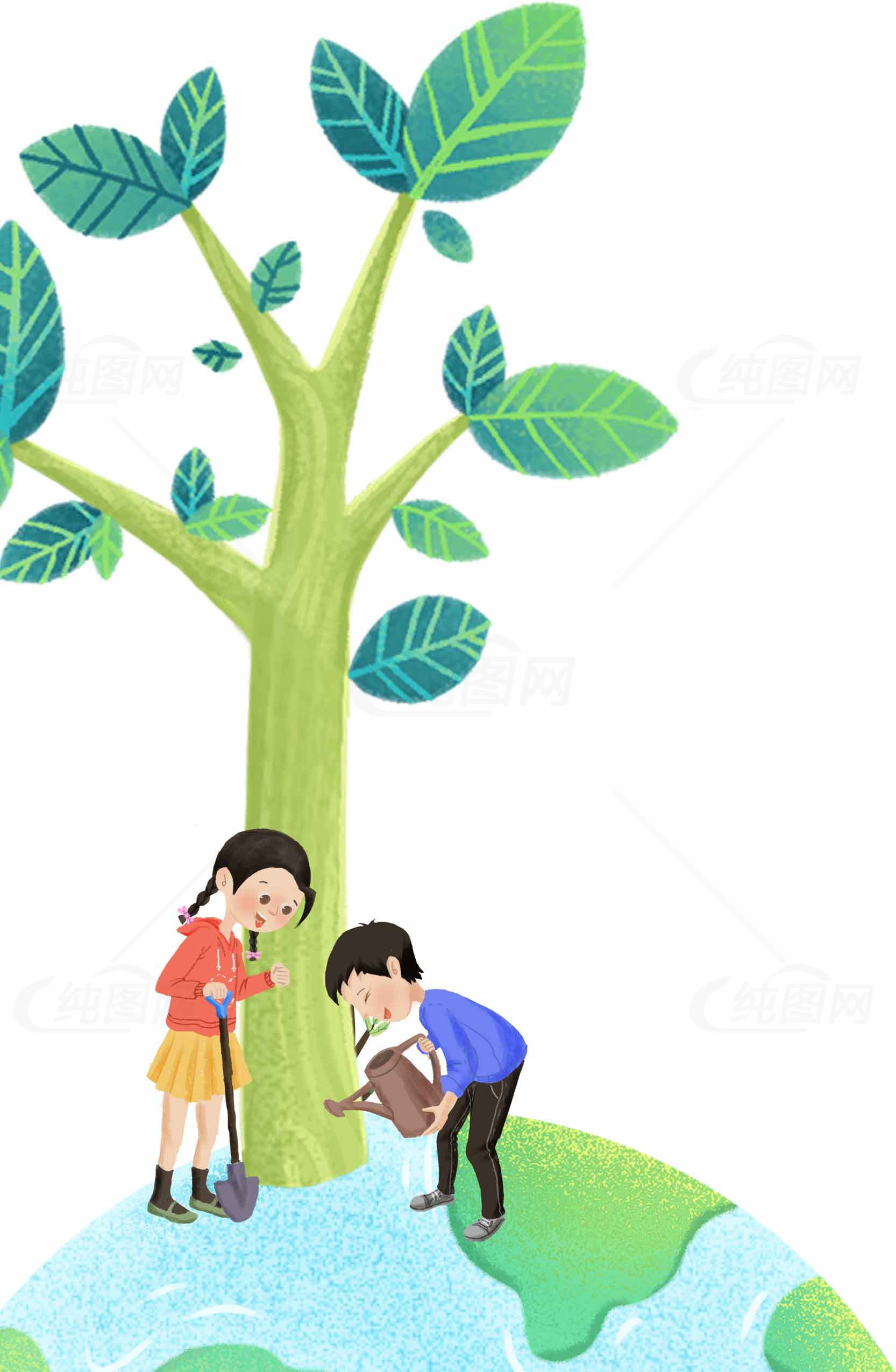 植树节环保插画：孩子们种树保护地球素材