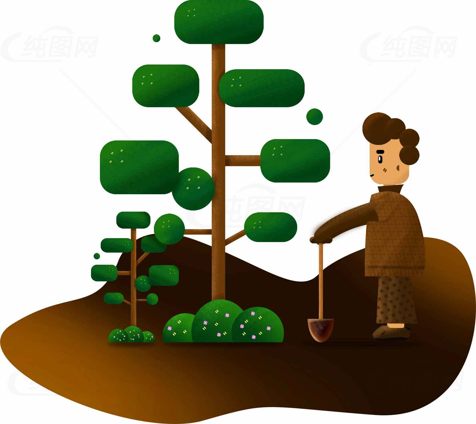 植树插画：环保与自然的和谐之美素材