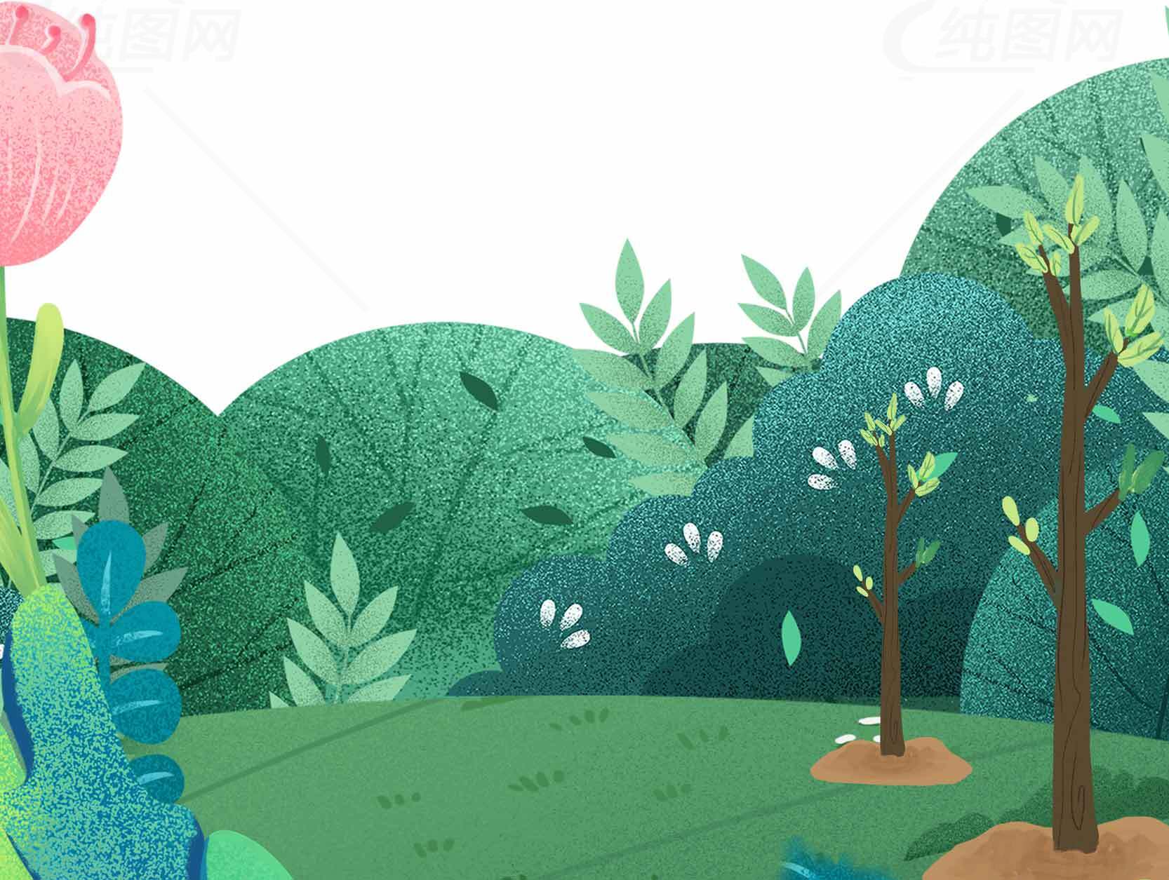 绿色森林插画背景图片，清新自然风格设计素材