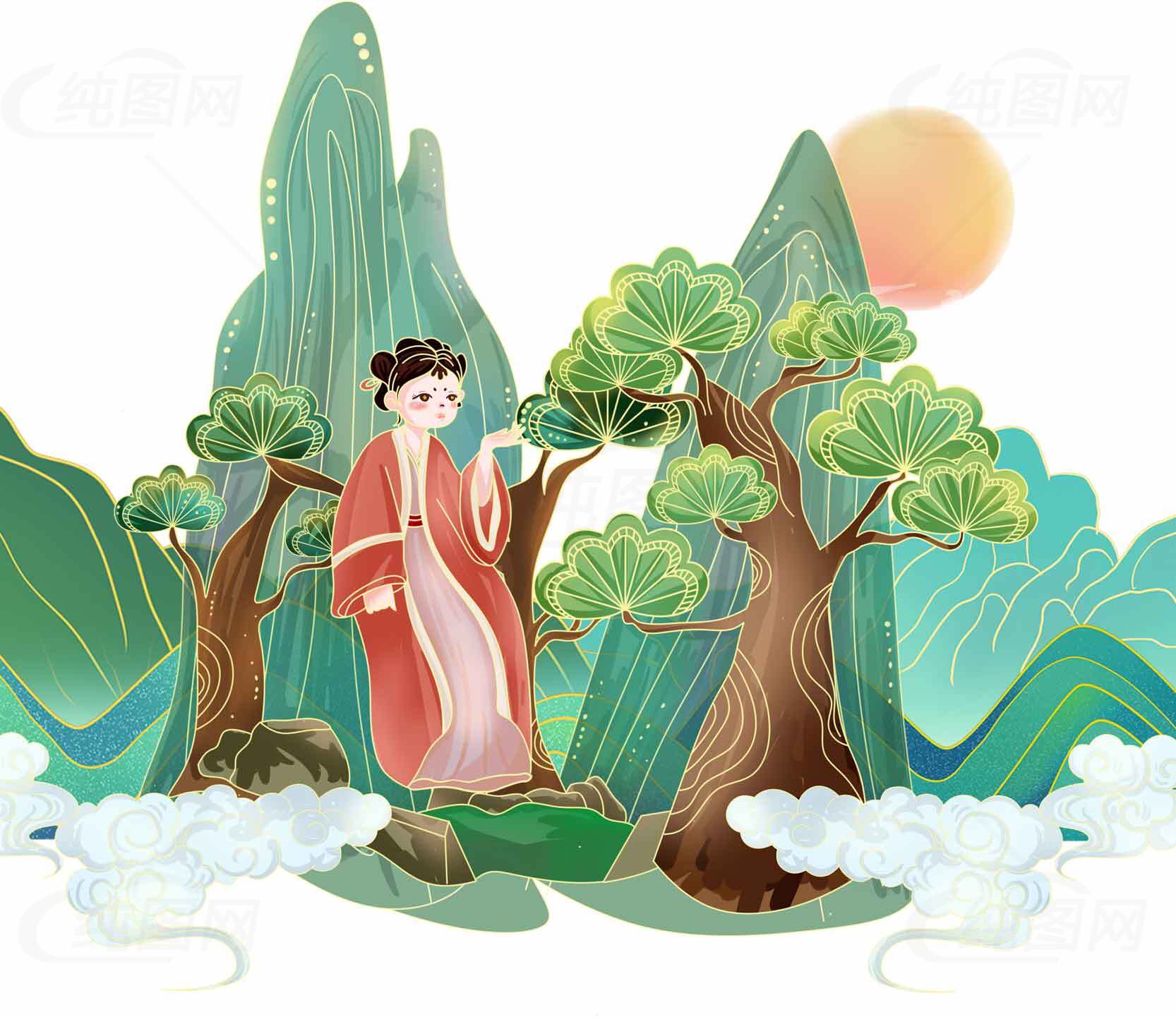 中国风山水插画：古代仕女与自然风光素材