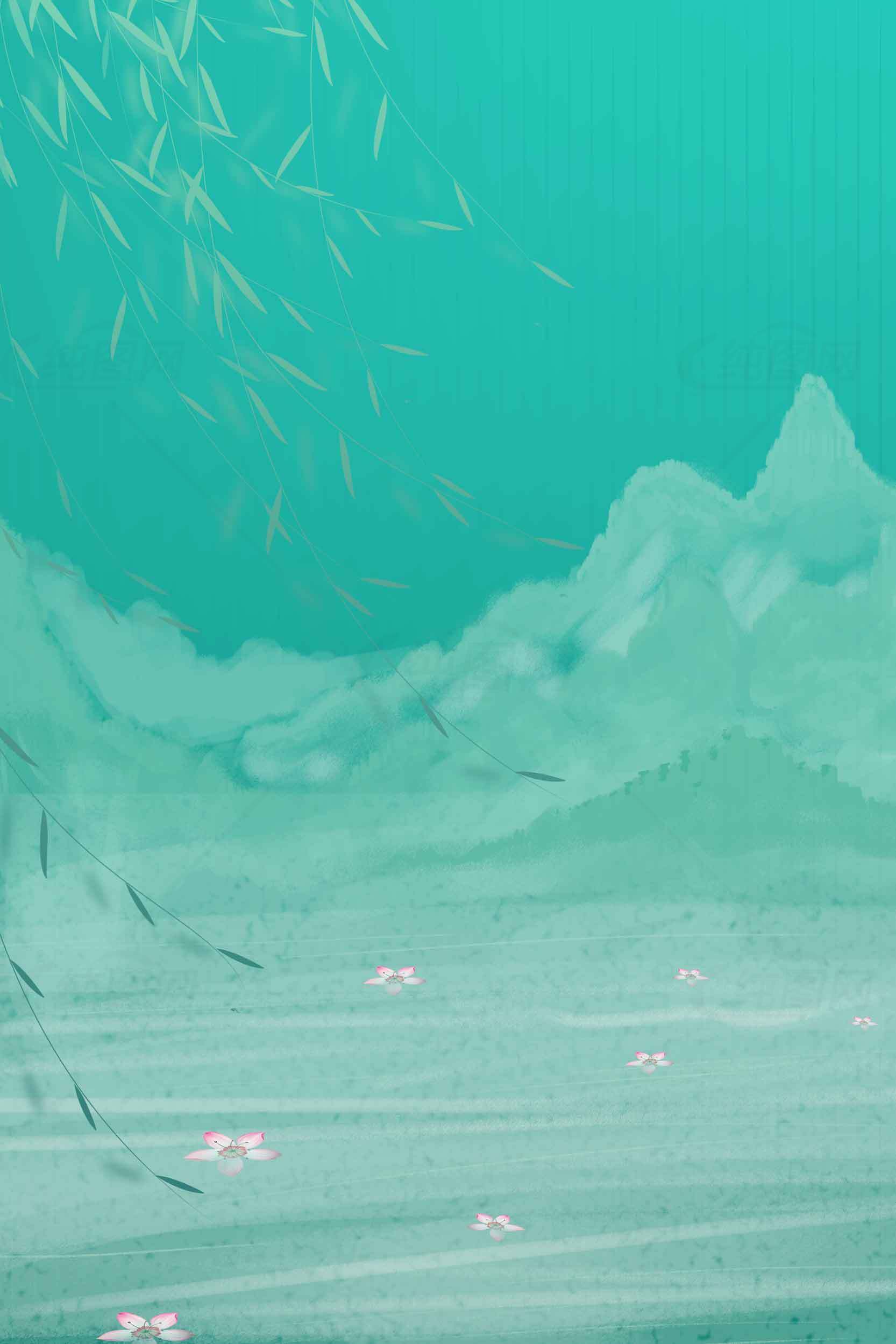 唯美山水背景图片-青绿色意境风景素材