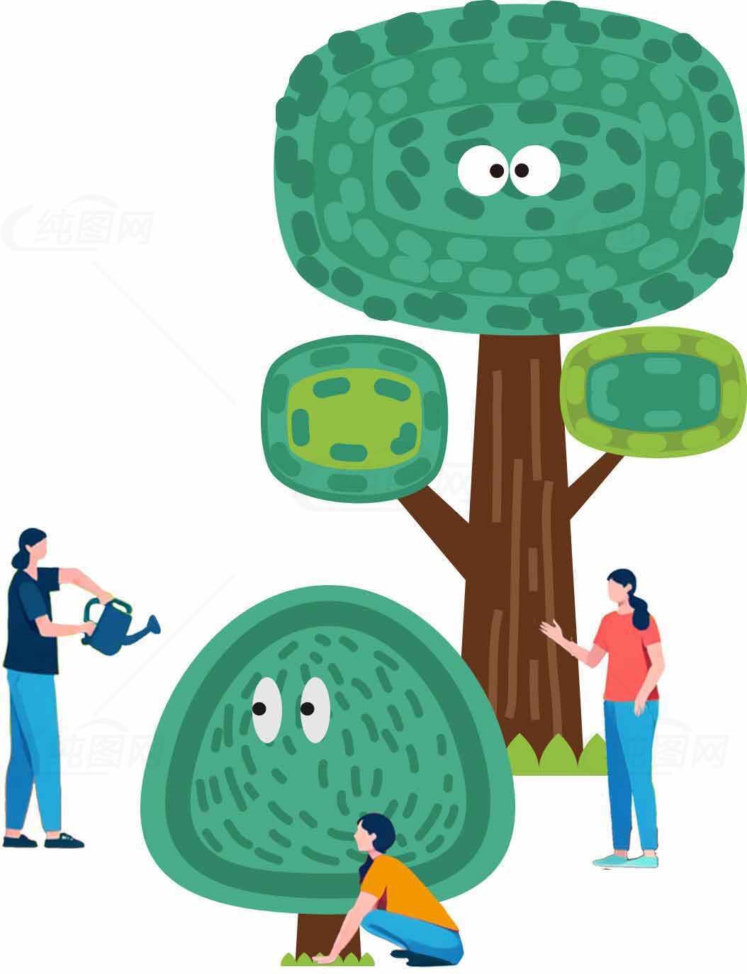 趣味卡通风格的树木与园艺插画素材