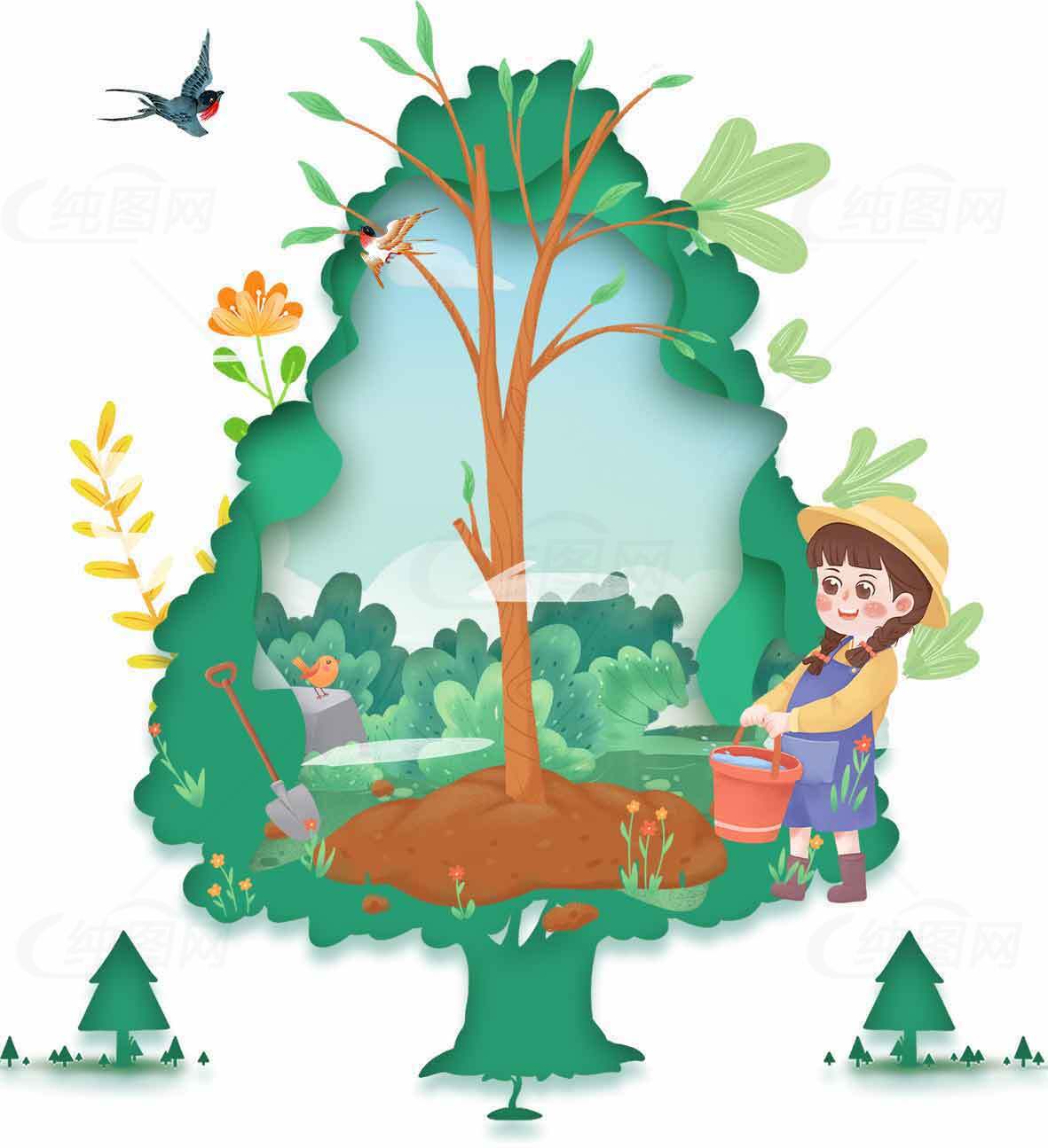 植树节环保插画：保护自然从种树开始素材