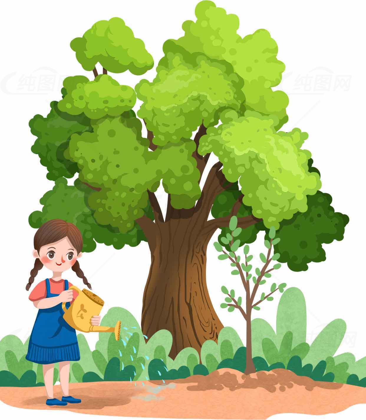 小女孩浇树插画图片素材