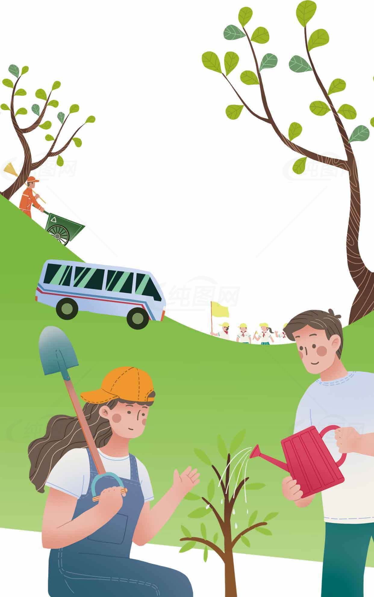 环保公益活动插画：植树与自然保护素材