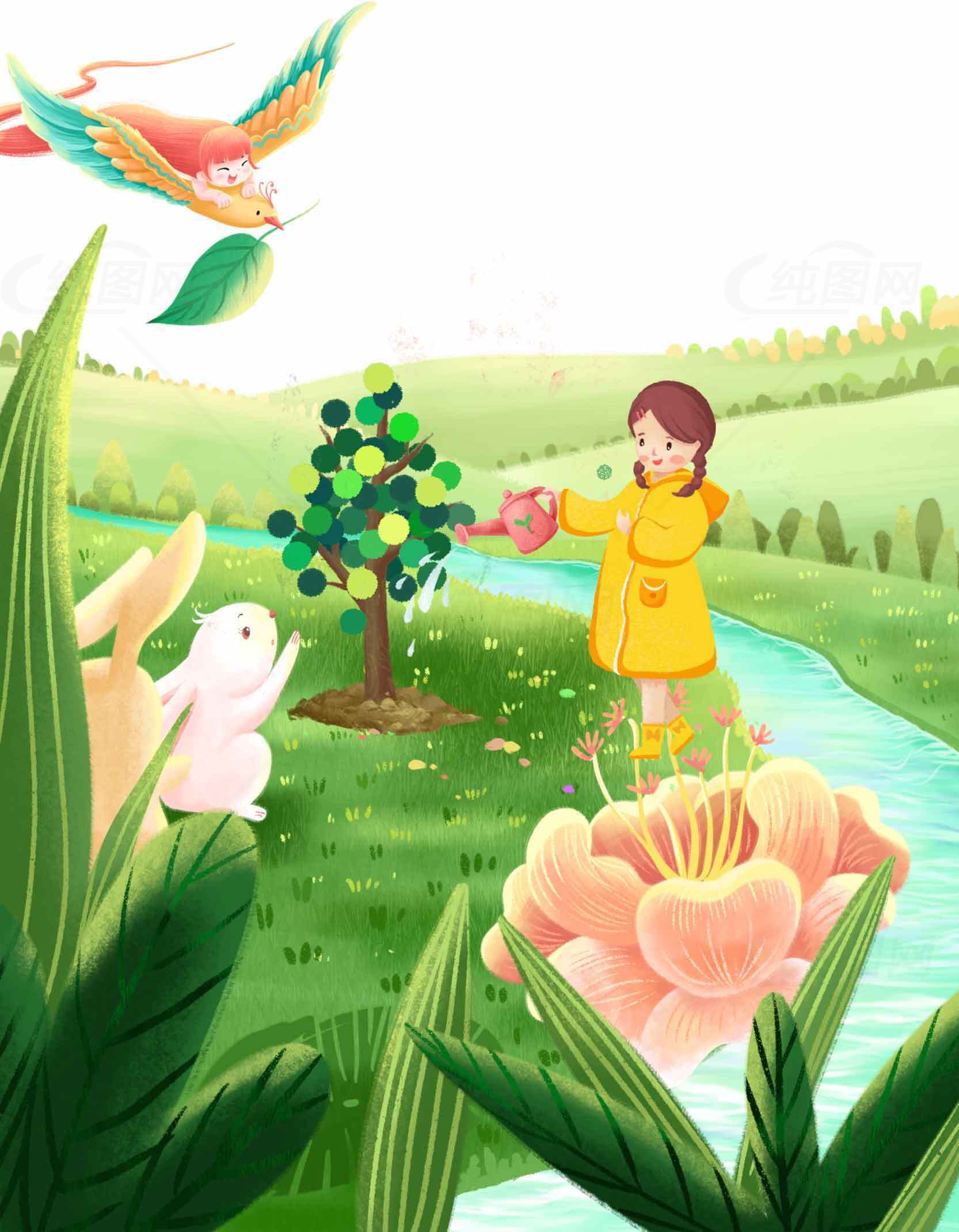 春天田园风光插画：女孩浇树与自然和谐素材