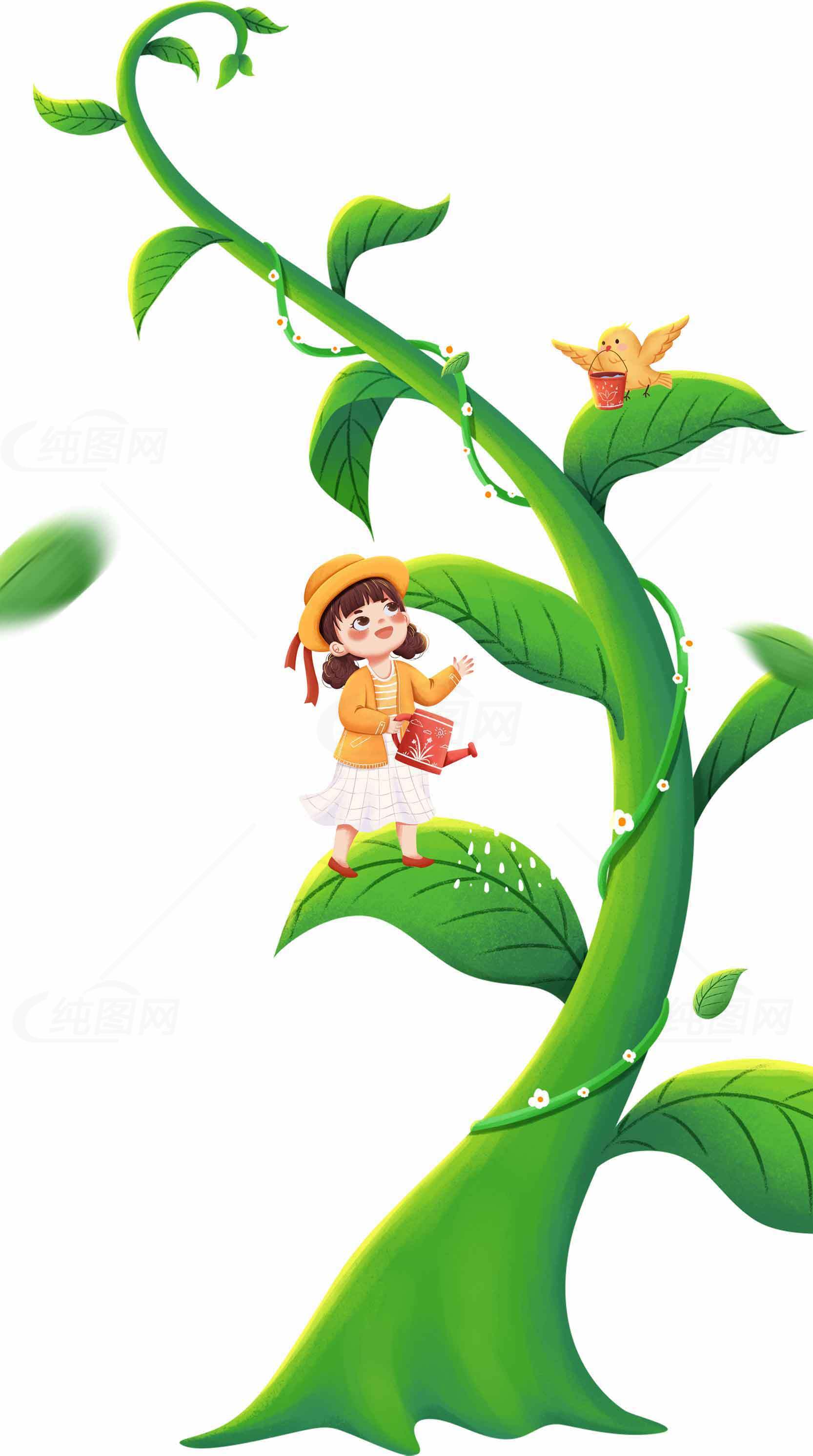 童话风格插画：女孩与魔法绿藤素材
