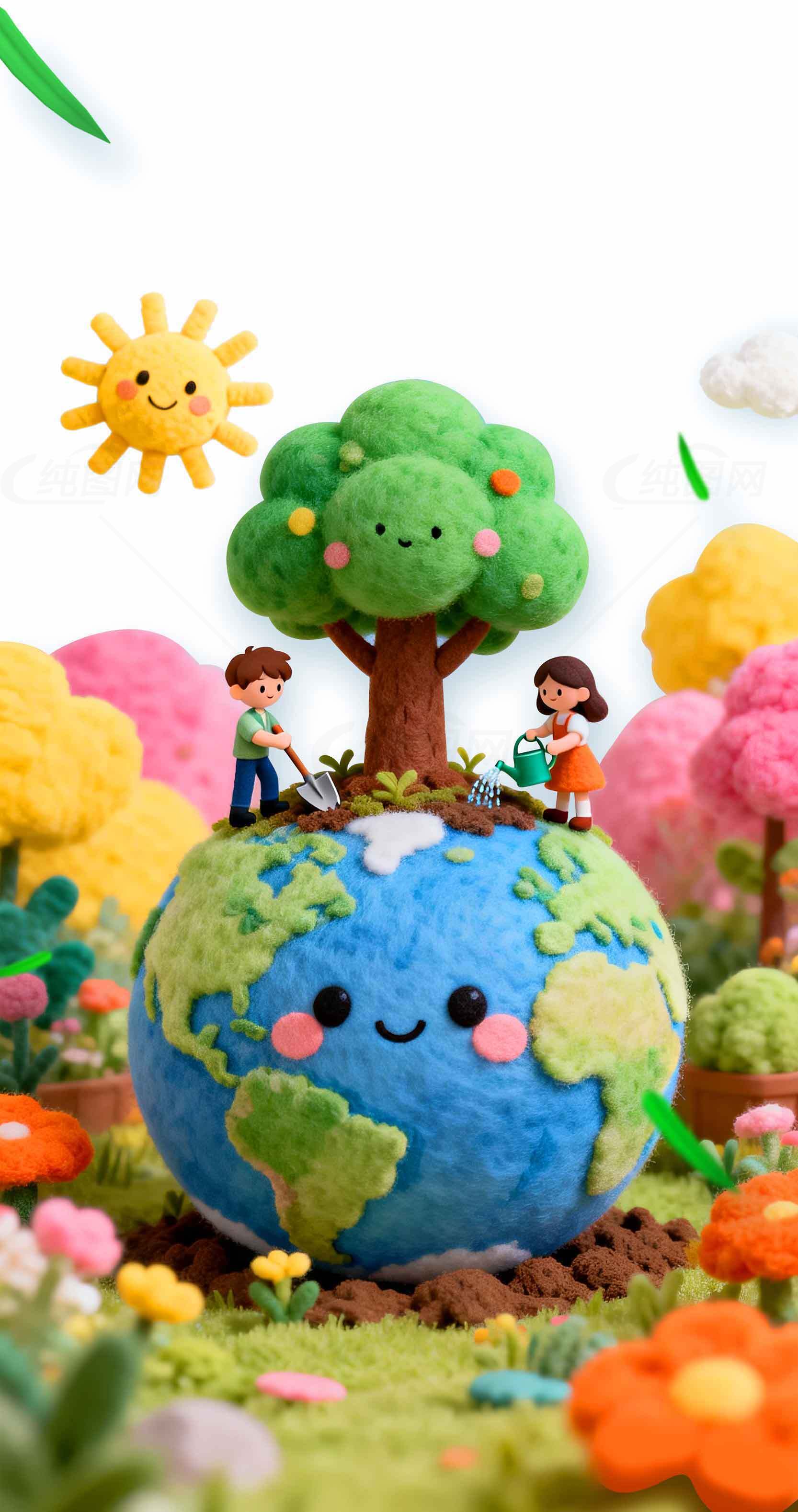 环保主题可爱地球插画：保护地球从小事做起素材