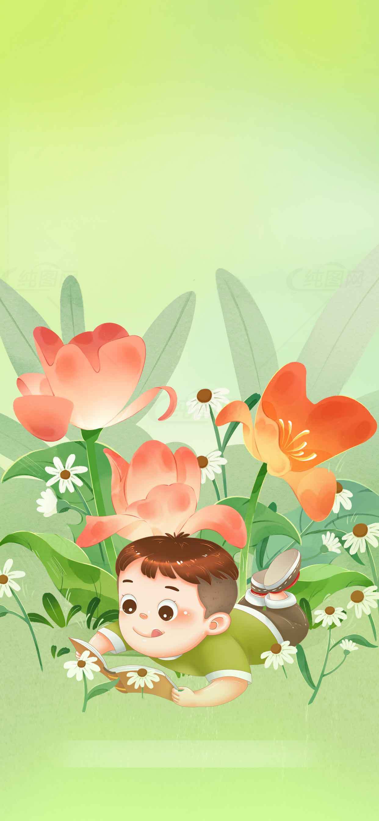 儿童与花朵的春日插画背景图片素材