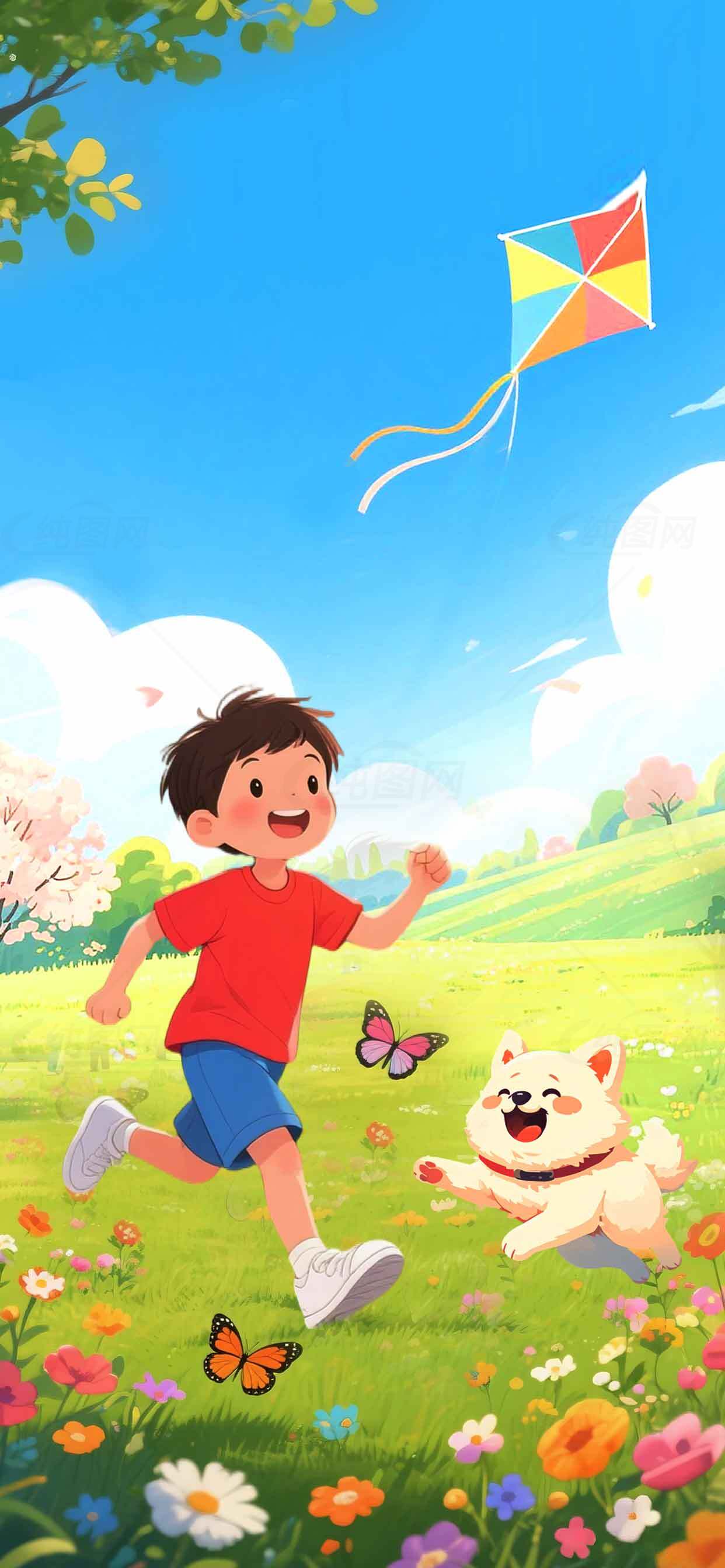 春日草地上男孩与狗的快乐时光素材