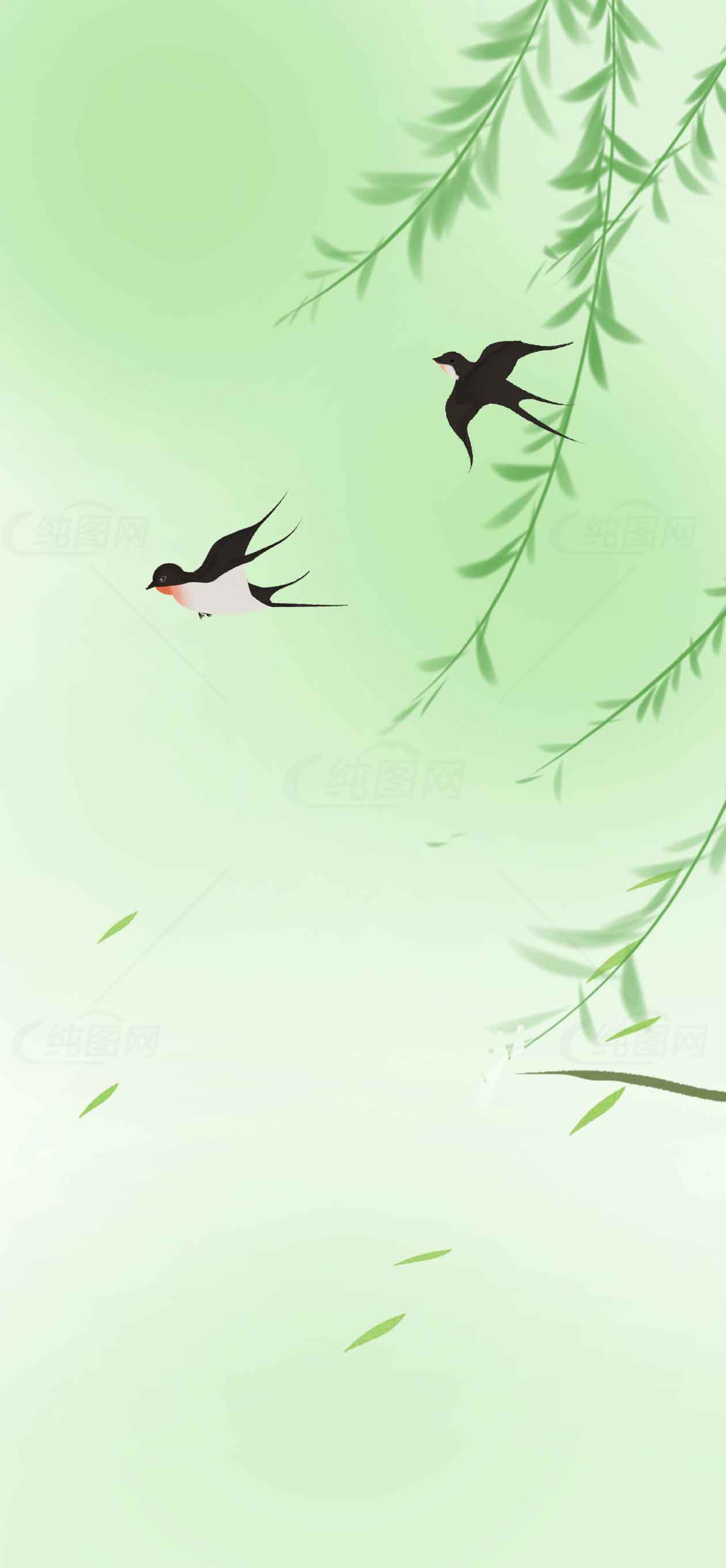 春天的绿色背景与飞燕插画设计素材