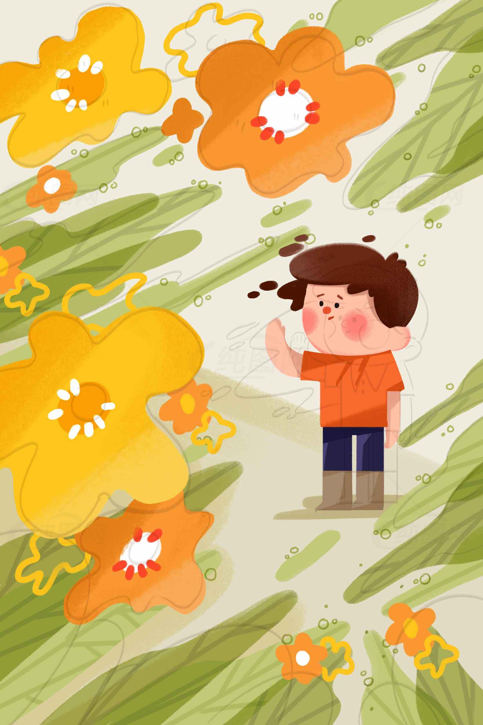 卡通风格儿童与花朵插画设计素材
