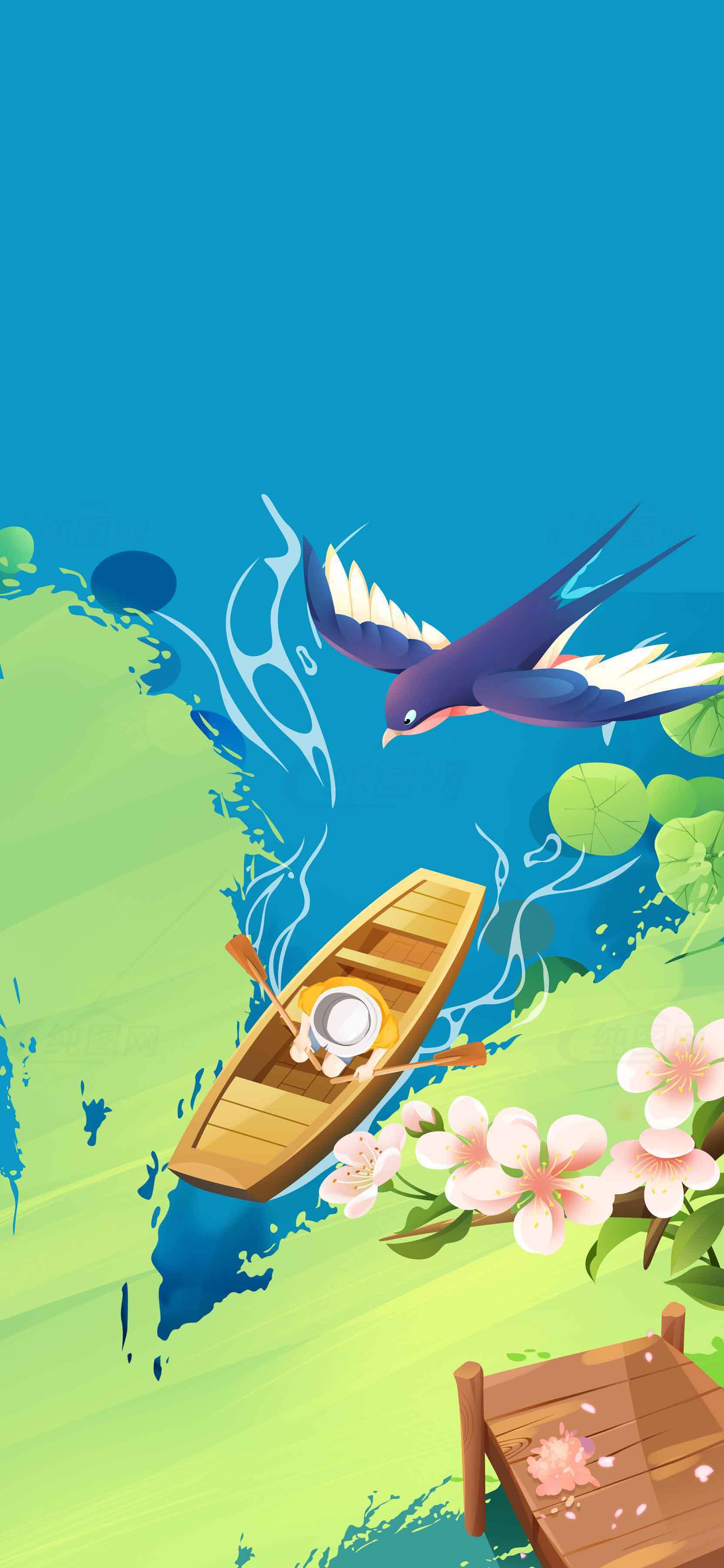 春日湖畔小舟与飞鸟插画背景素材