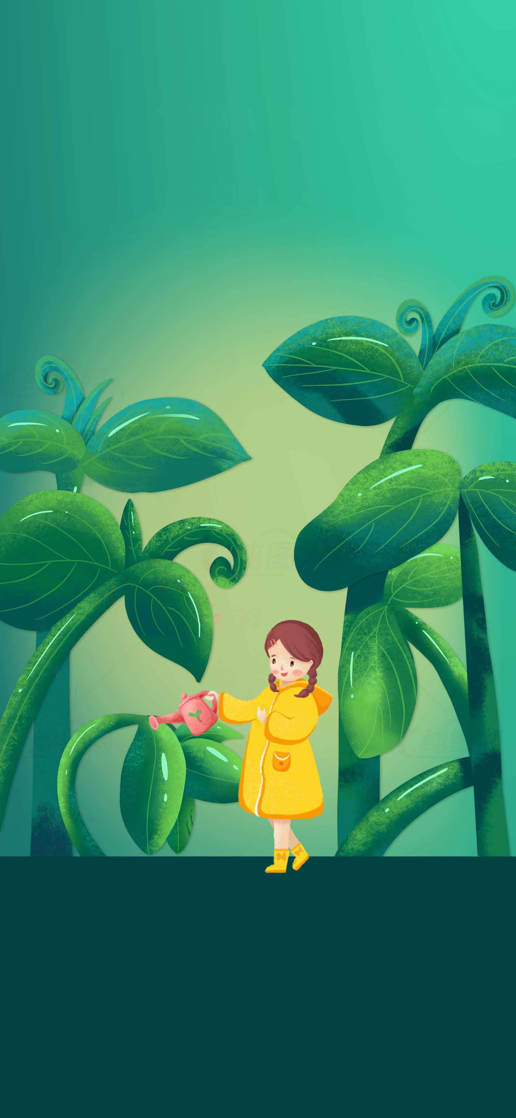 童趣插画：女孩与绿色植物的奇幻世界素材