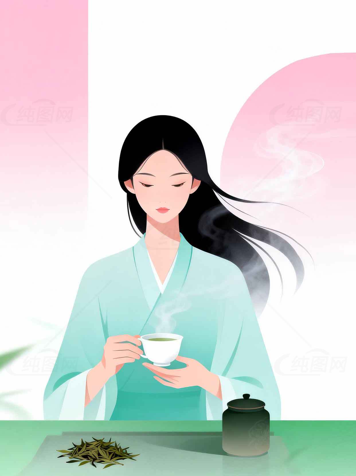 中国茶文化插画：品茶女子与绿茶意境素材