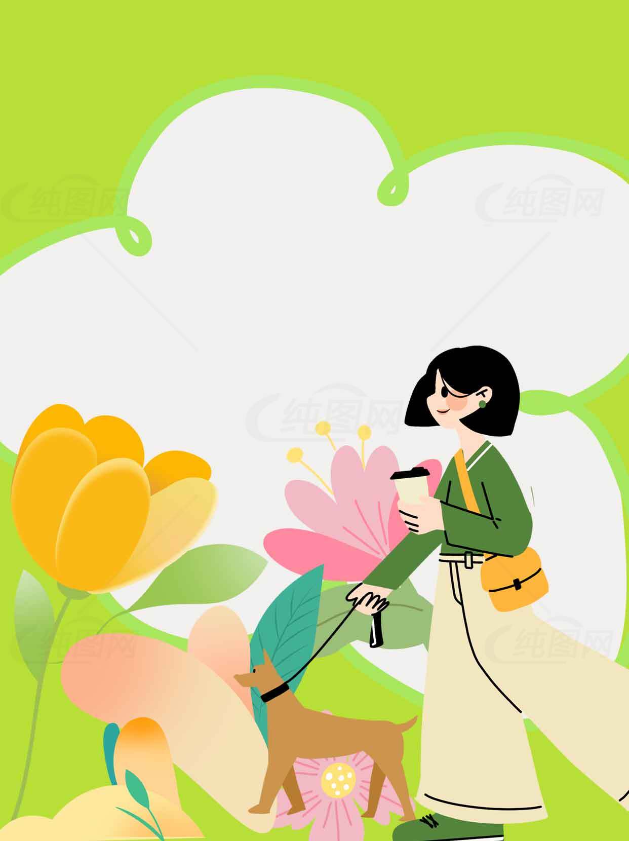 春日散步插画：绿色背景与花卉元素素材
