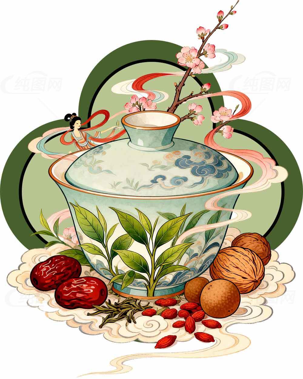 中式养生茶插画设计：传统文化与健康饮品的完美结合素材