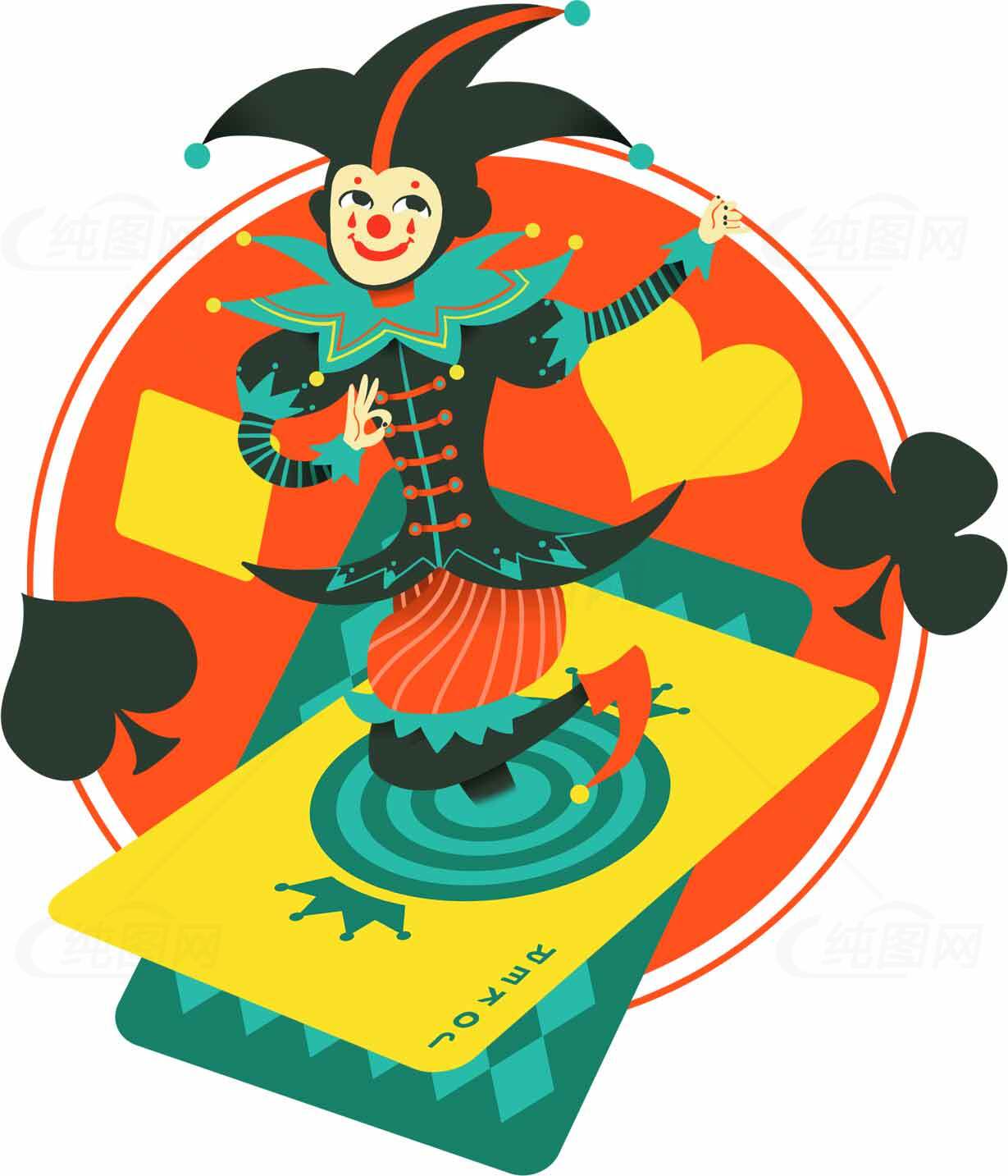 扑克牌小丑插画设计：趣味与创意结合素材