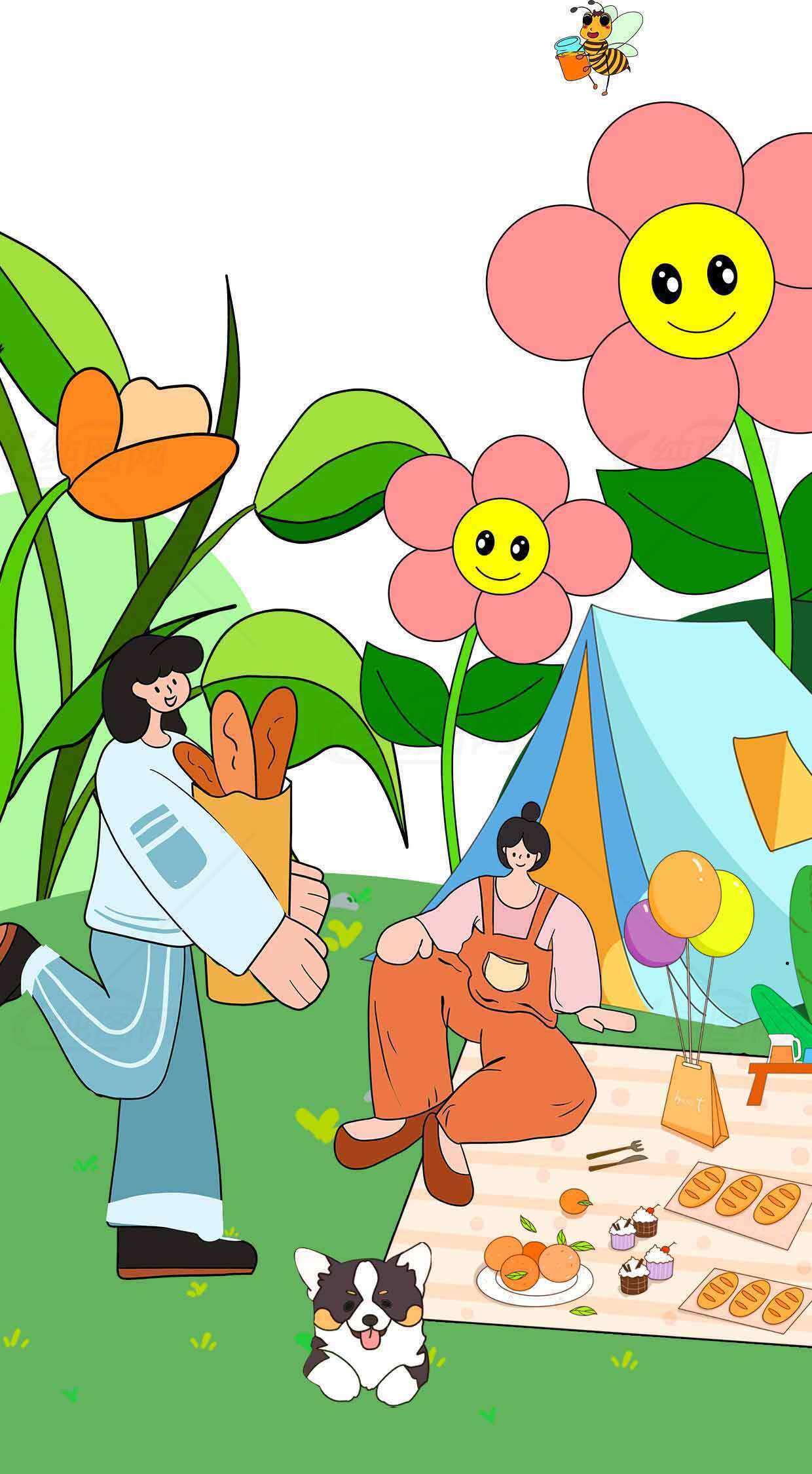 春日野餐插画：温馨家庭户外活动场景素材