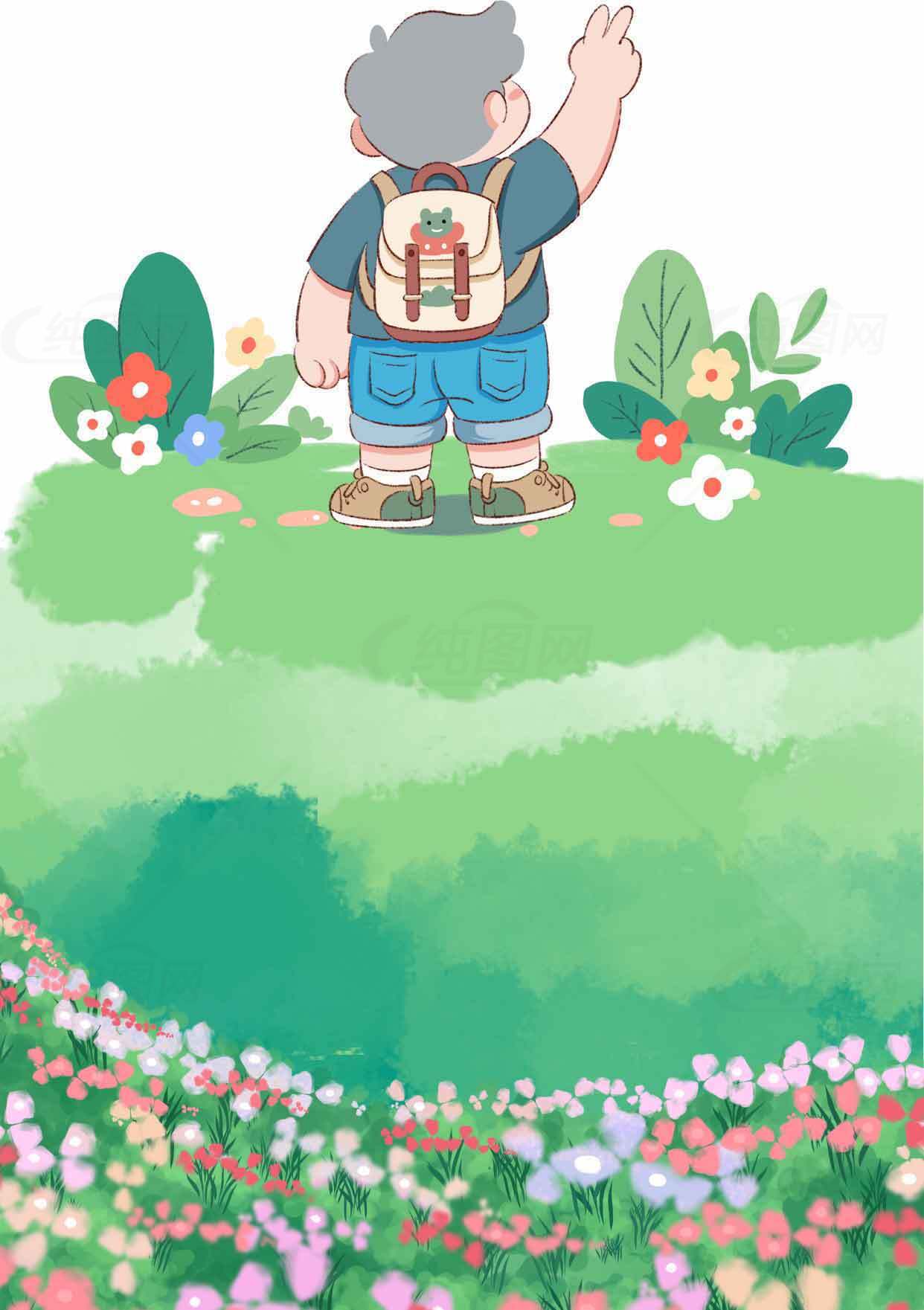 卡通风格田园风光插画：背包少年与花海素材