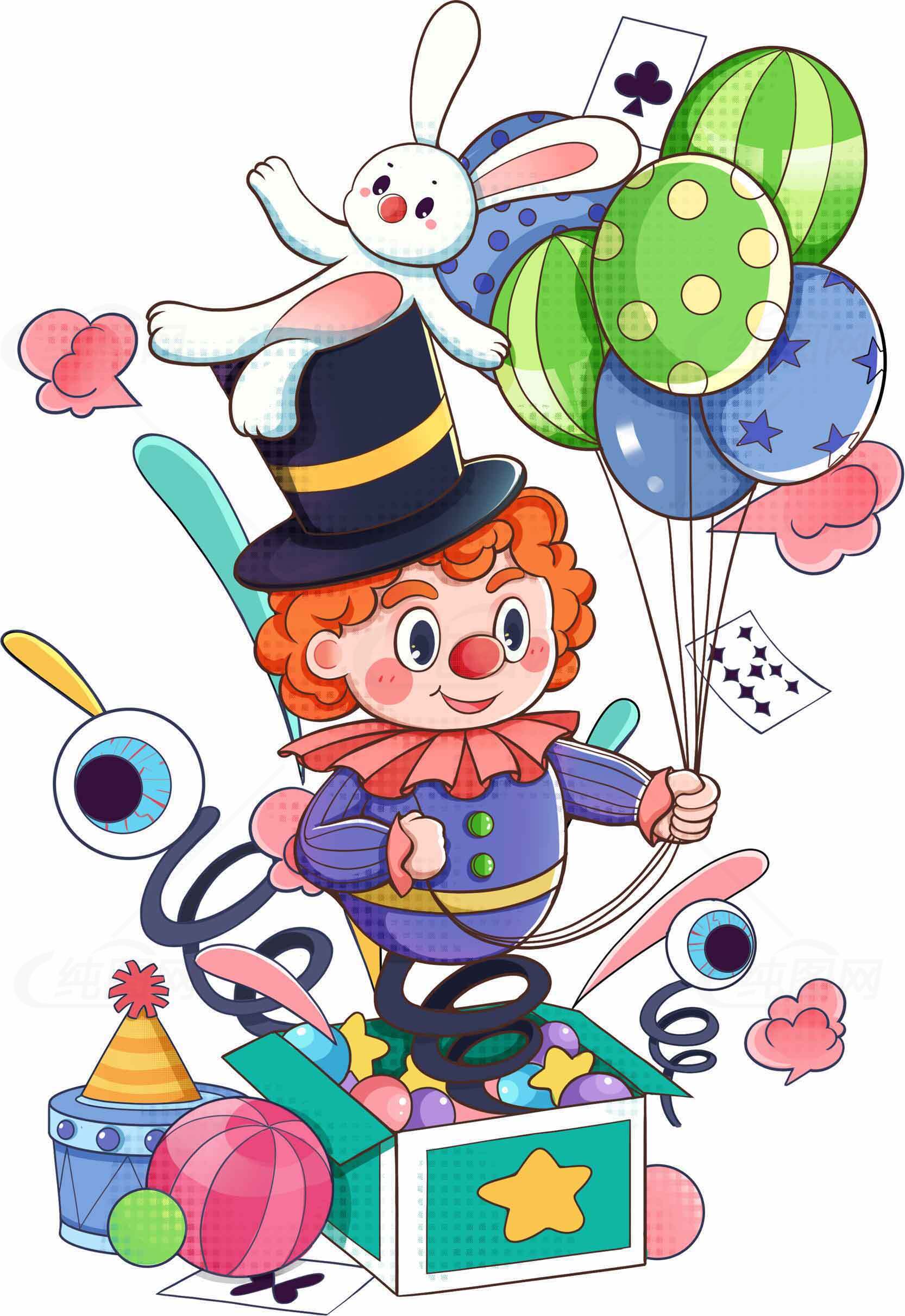 卡通小丑与气球魔术表演插画素材