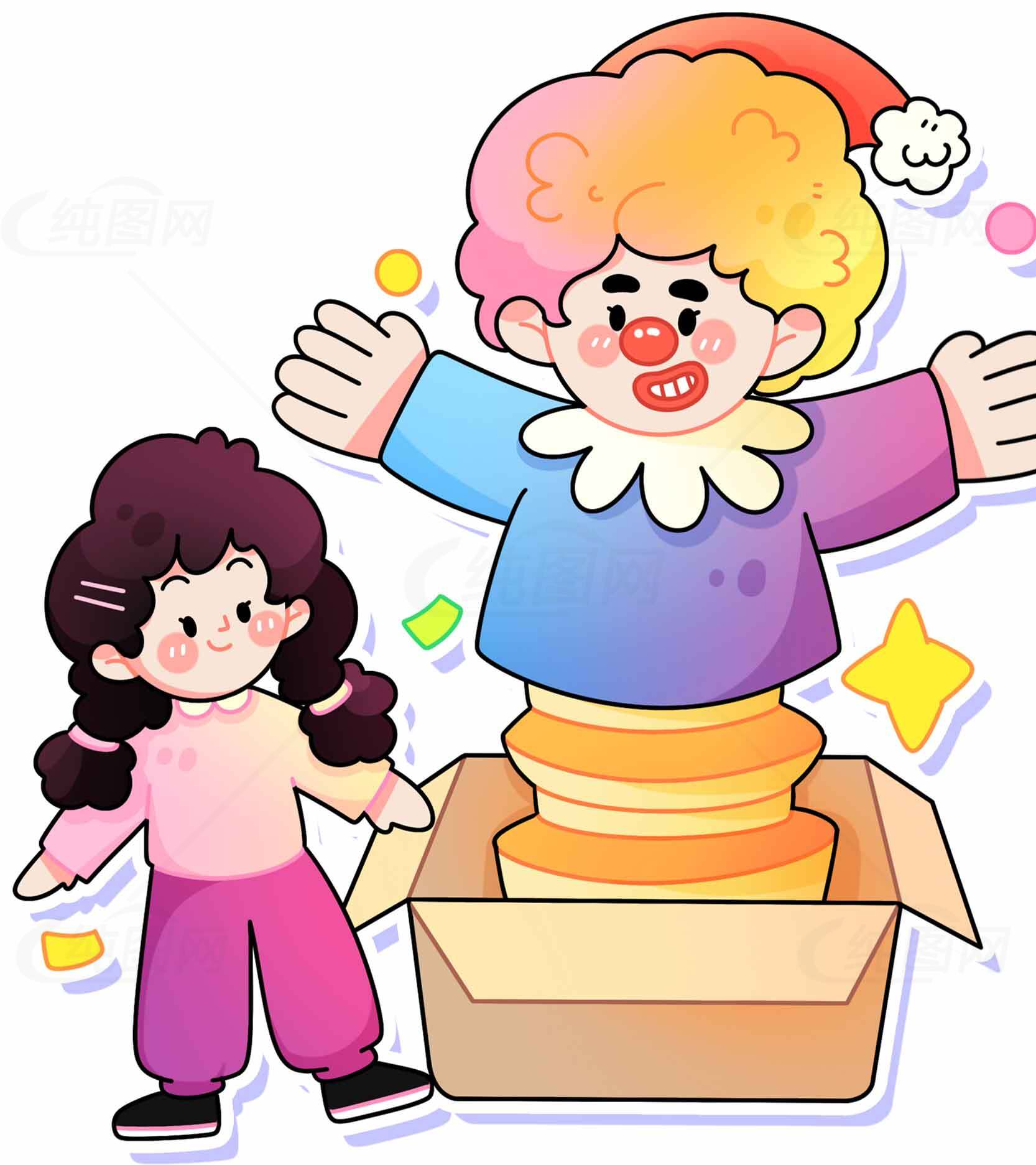 趣味玩具盒中的惊喜小丑插画素材